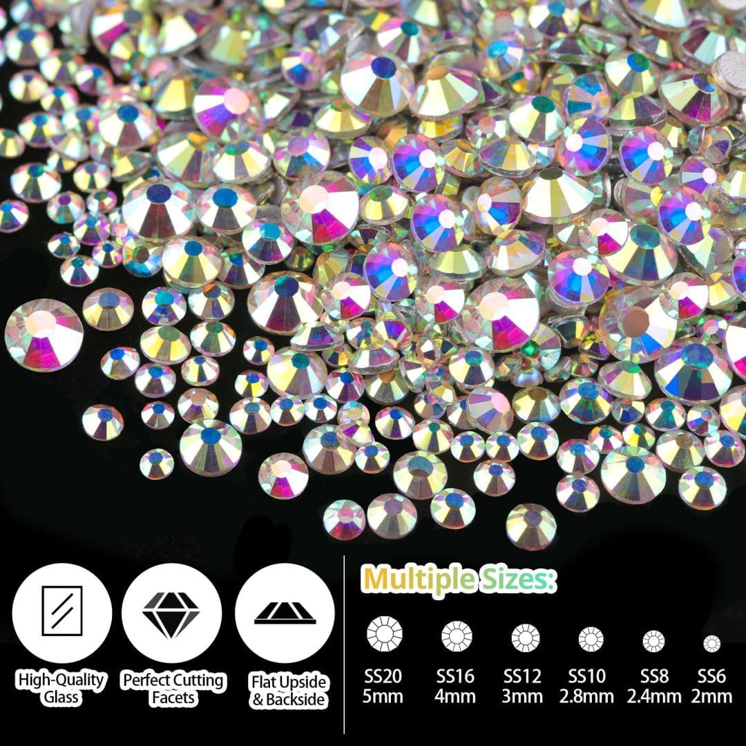 Rhinestones for Nails & Pearls, Manicure Kit, 2-5mm Flat Back Glass Crystal AB + Transparent Clear Gemstones, 2-6mm Beige Half Round Pearls, Gems for Nail Art with Pickup & Dotting Tools