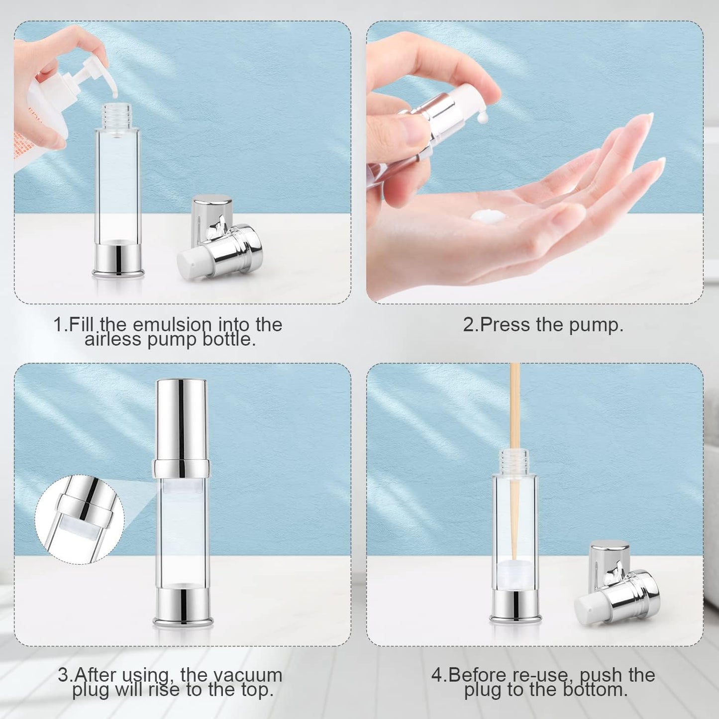 8 Pack 10ml/0.34oz Plastic Airless Pump Bottle Refillable Lotion Containers Empty Pump Press Vacuum Dispenser for Travel Cosmetic Liquid Foundation Essence Gel Emulsion Toiletries Sample