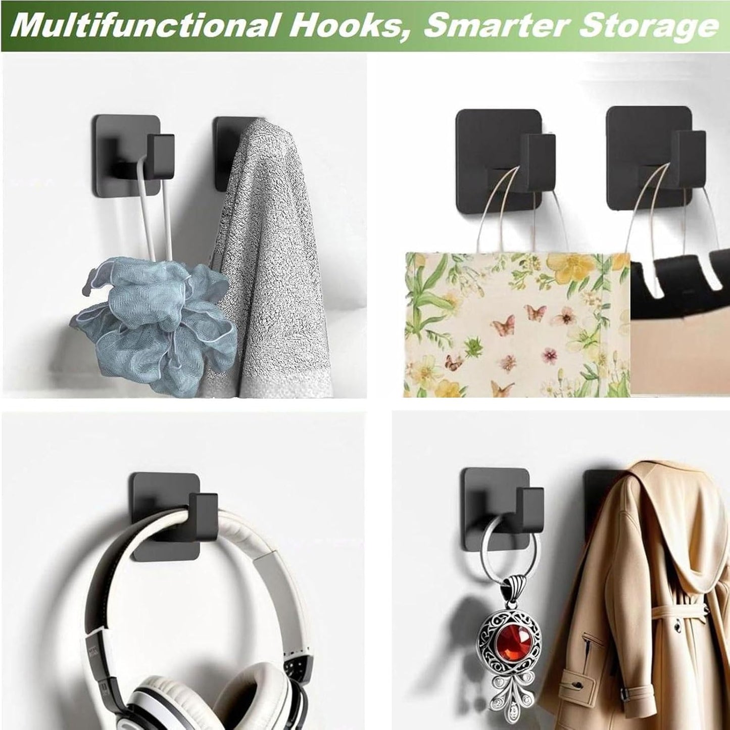 Adhesive Shower Hooks, Towel Hooks for Hanging Robe, Coat, Hat, Loofah, Heavy Duty Wall Hooks Stick on Bathroom, Kitchen and Office (2 Pack, Black)