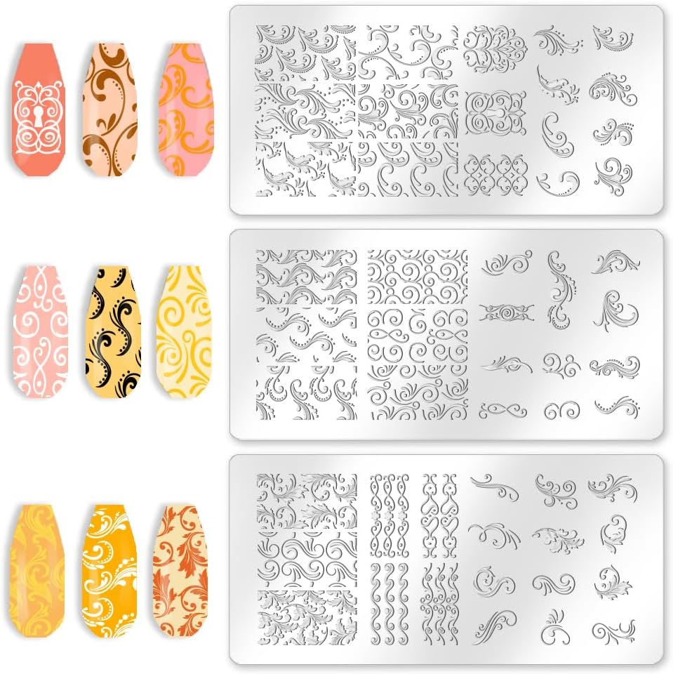 3Pcs Flourishes Nail Stamping Plate Vintage Floral Scrolls Nail Art Stamp Templates Stainless Steel Reusable Tools with Stamper Scraper for Manicure Printing