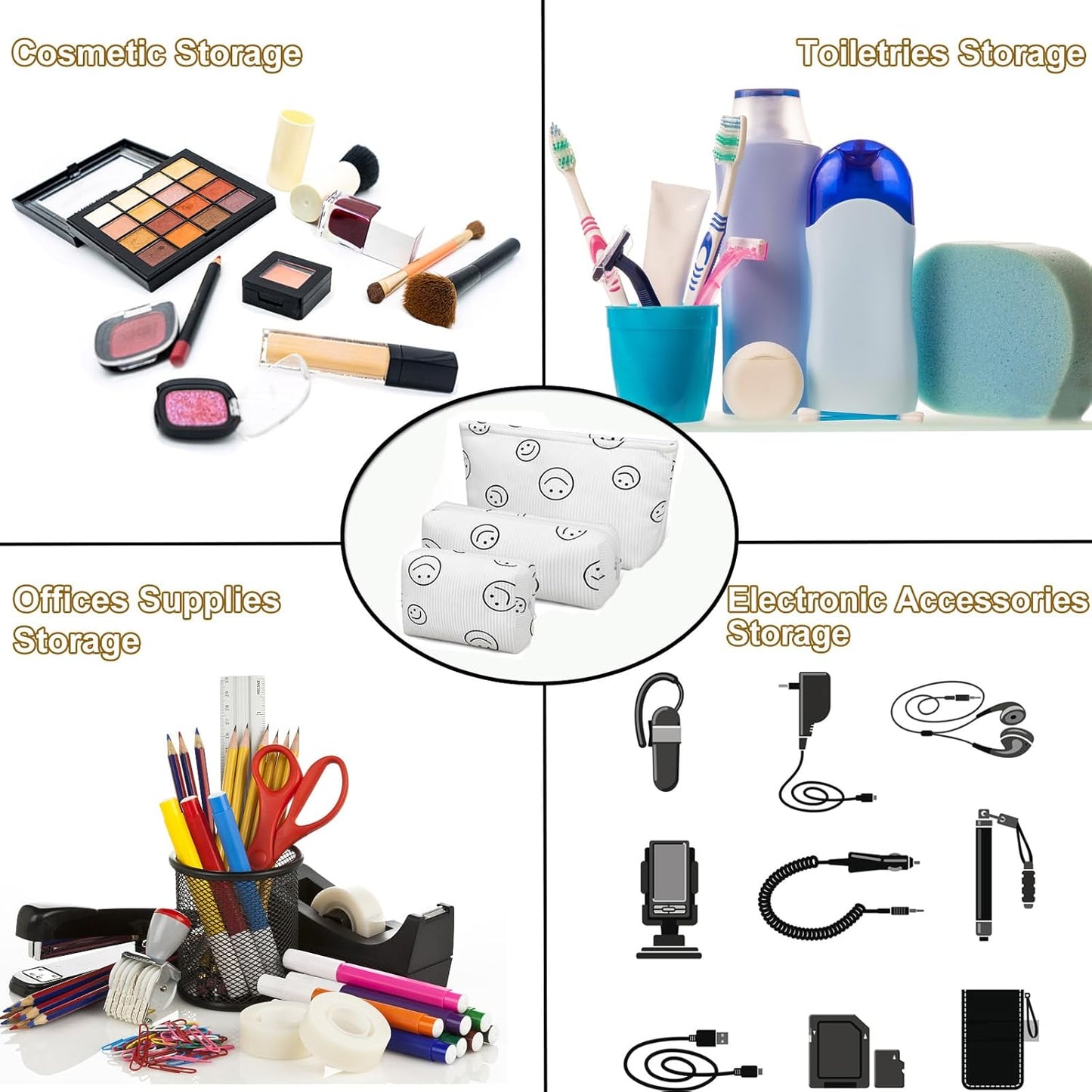 3 Pieces MakeUp Bag Cosmetic Bag,Travel Makeup Bag Set,Cute Smiley Corduroy Make Up Purse with Zipper,Beige White Pencil Pouch,Small Makeup Pouch,Aesthetic Preppy Stuff