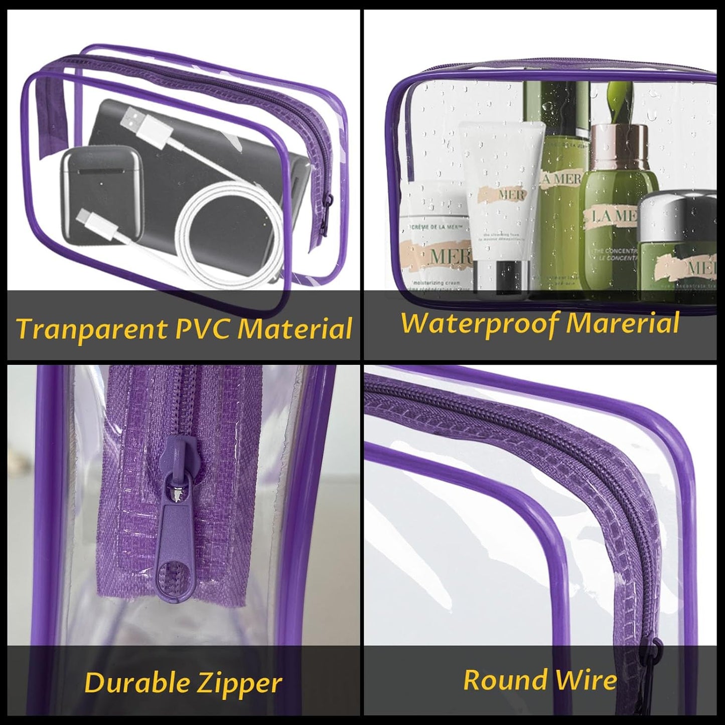 16 Pieces Clear Makeup Bag PVC Zippered Clear Toiletry Carry Pouch Portable Cosmetics Bag Waterproof Makeup Bag Vinyl Plastic Organizer Case for Travel Vacation Bathroom (Purple-M)
