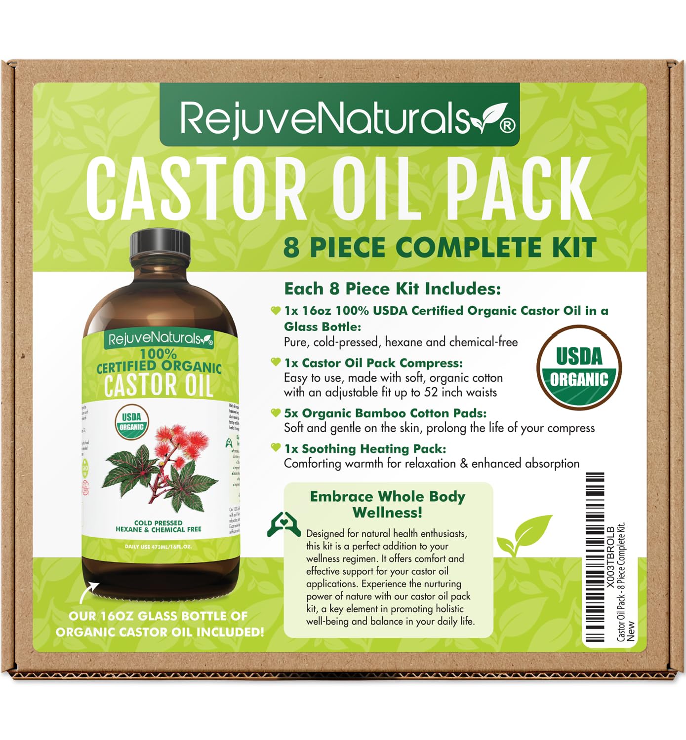 Castor Oil Pack - 8 Piece Complete Kit. Includes 16oz Glass Bottle of Organic Castor Oil, Easy to use Organic Cotton Compress with Adjustable Fit, 5 Soft Cotton Pads & Soothing Heat Pack..