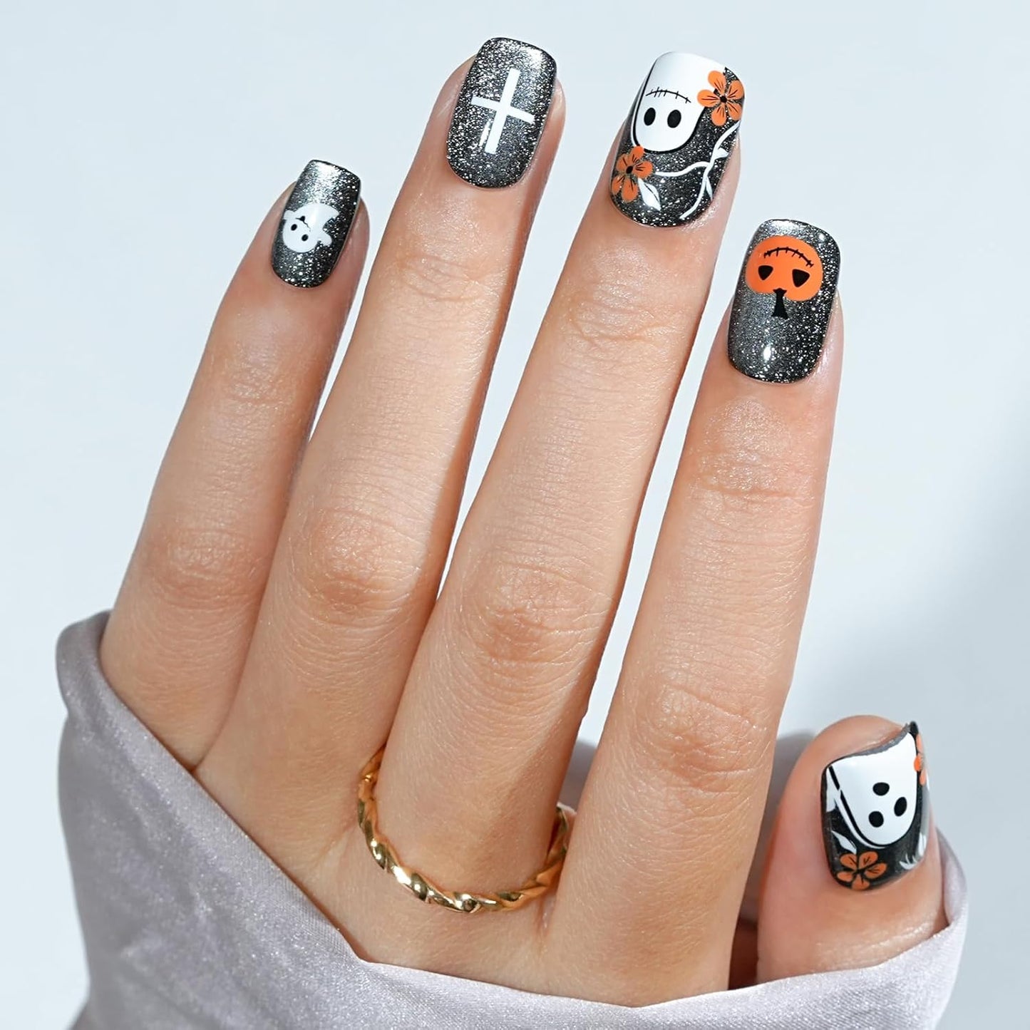 Halloween Press On Nails - Pumpkin Nail Gray Cat Eye Halloween Nails, Acrylic Short Square Nails Press On with Nail Glue, Fit Perfectly & Natural Stick On Nails in 16 Sizes - 32PCS Soft Gel Kit