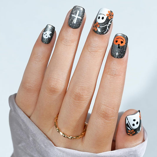 Halloween Press On Nails - Pumpkin Nail Gray Cat Eye Halloween Nails, Acrylic Short Square Nails Press On with Nail Glue, Fit Perfectly & Natural Stick On Nails in 16 Sizes - 32PCS Soft Gel Kit