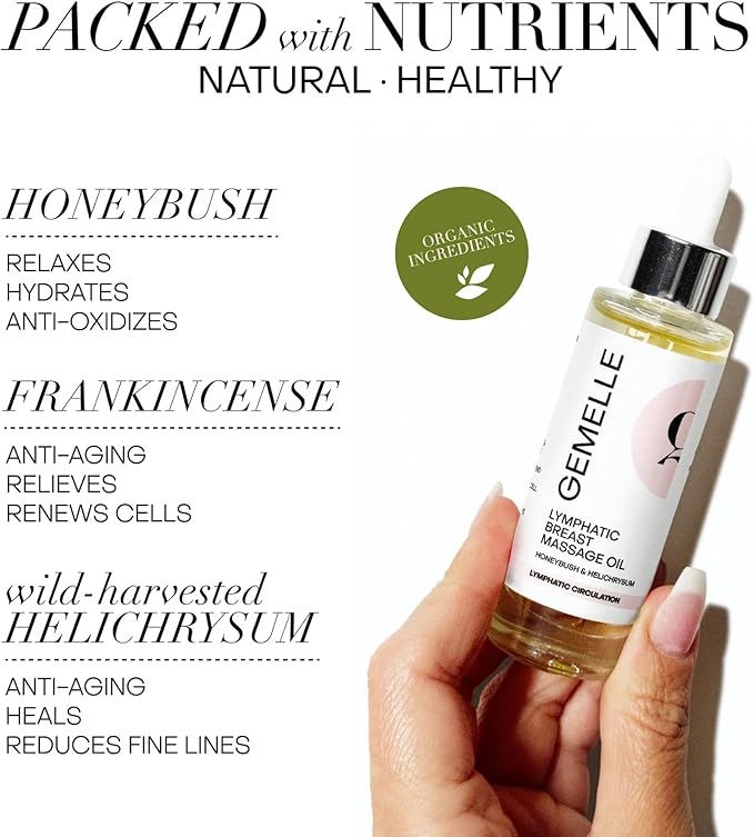 GEMELLE Lymphatic Breast Massage Oil | 2024 Product of The Year | Honeybush & Helichrysum | Paraben-Free, Clean Beauty, Luxury Natural Skin Care, 15ml