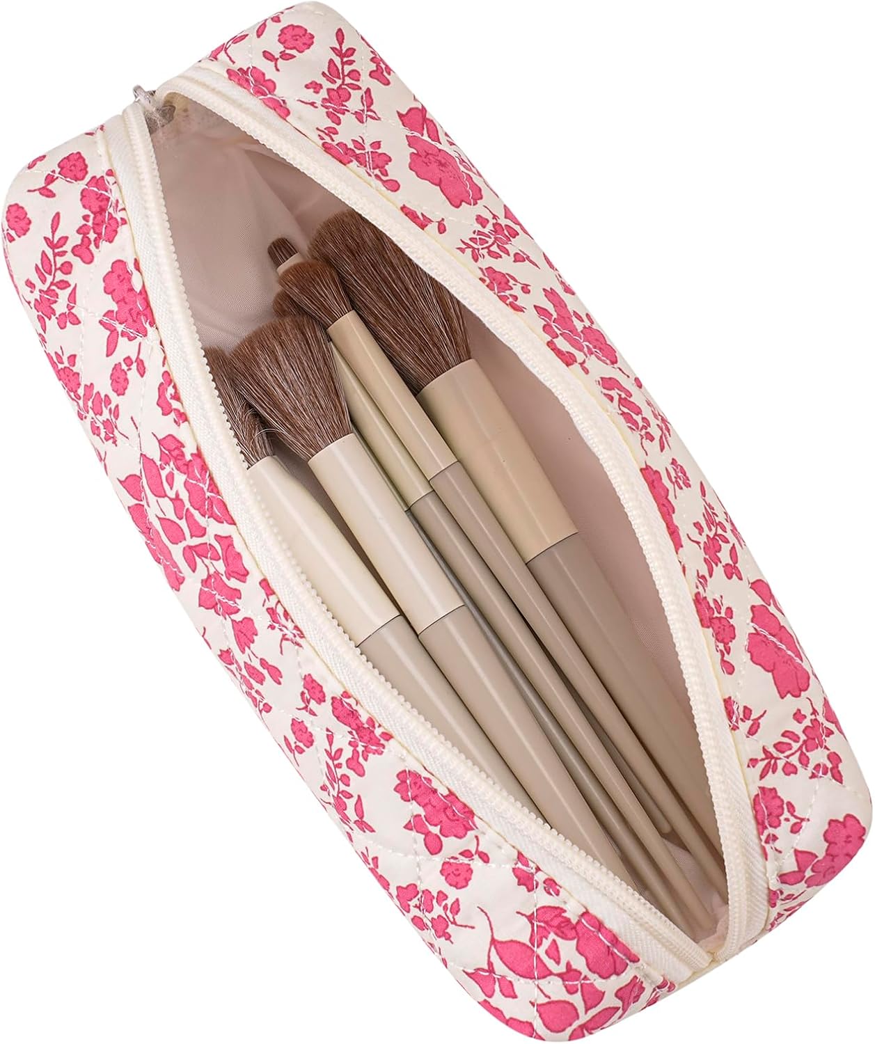 Cute Floral Cotton Makeup Brush Cosmetic Bag for Women, Travel Quilted Zipper Make Up Bag, Flowers Toiletry Organizer Case Kawaii Makeup Cosmetic Travel Cloth Pouch (Blue+Big Red Floral)