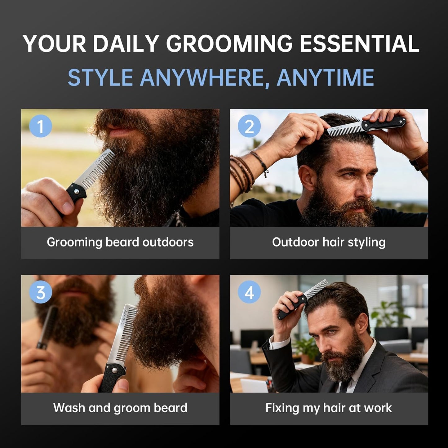 Folding Pocket Comb for Men - Stainless Steel Travel Hair & Beard Styling Tool, Compact 180° Rotating Design, Smooth Rounded Teeth, Portable Grooming Comb