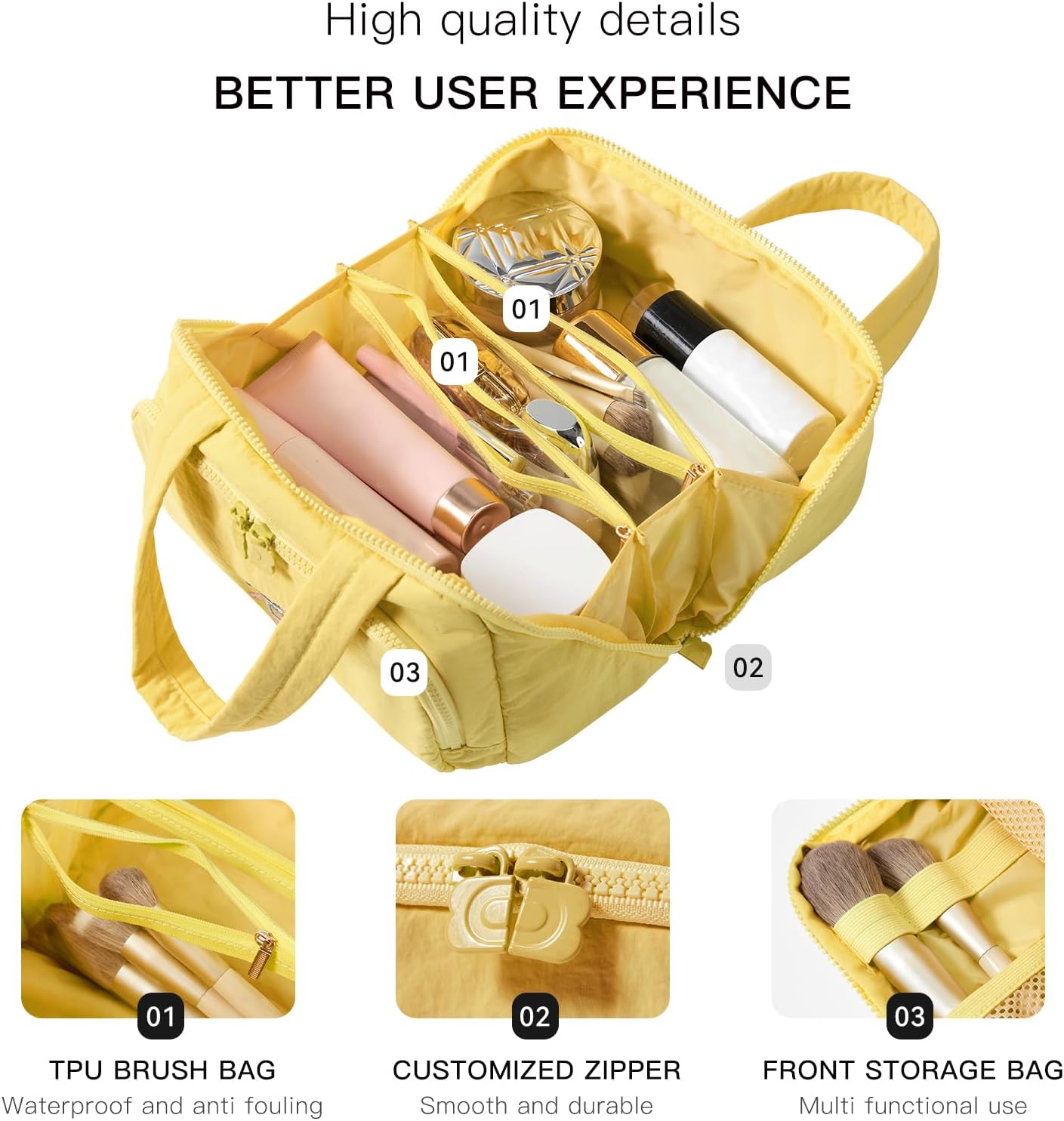 Makeup bag, Large Capacity Cosmetic Bag for Women, Portable Wide-open Toiletry Bag, Travel Makeup Bag with TPU Compartments for Accessories, Essentials, Toiletries, Makeup Brush Bag, Yellow