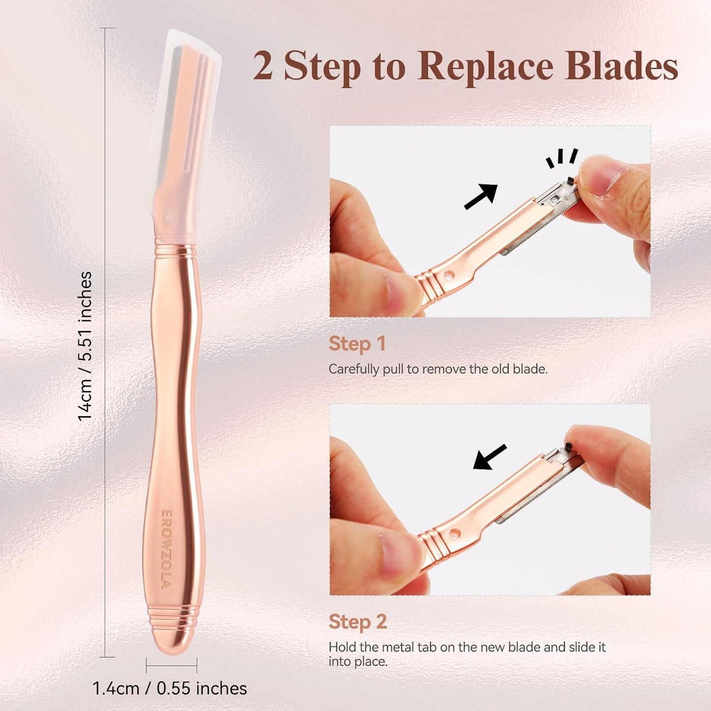 Eyebrow Razor for Women and Men, Face Razors for Women, Dermaplane Razor with Protective Silicone Cover, Reusable Metal Handle with 6 Refill Blades, Skin Care Tool - Rose Gold