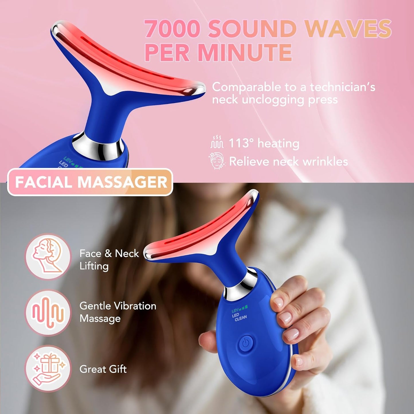 Red-Light-Therapy-for-Face, Facial Massager Wand with 7 Color - Birthday, Christmas, Mothers Day, Valentines Day, Self Care Gifts for Her Women Mom Best Friend Wife Teacher (Blue)