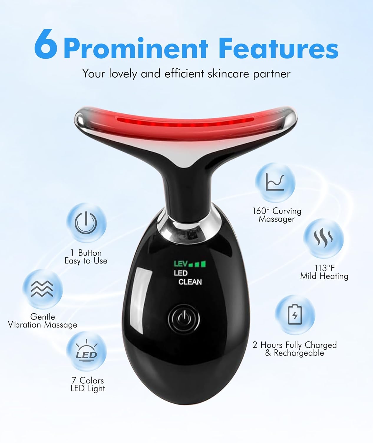 Red-Light-Therapy-for-Face-and-Neck, 7 Color Face Massager Tool for Wrinkles, Double Chin, Vibrating Facial Massager with Thermals for Skin Care, Glossy Black