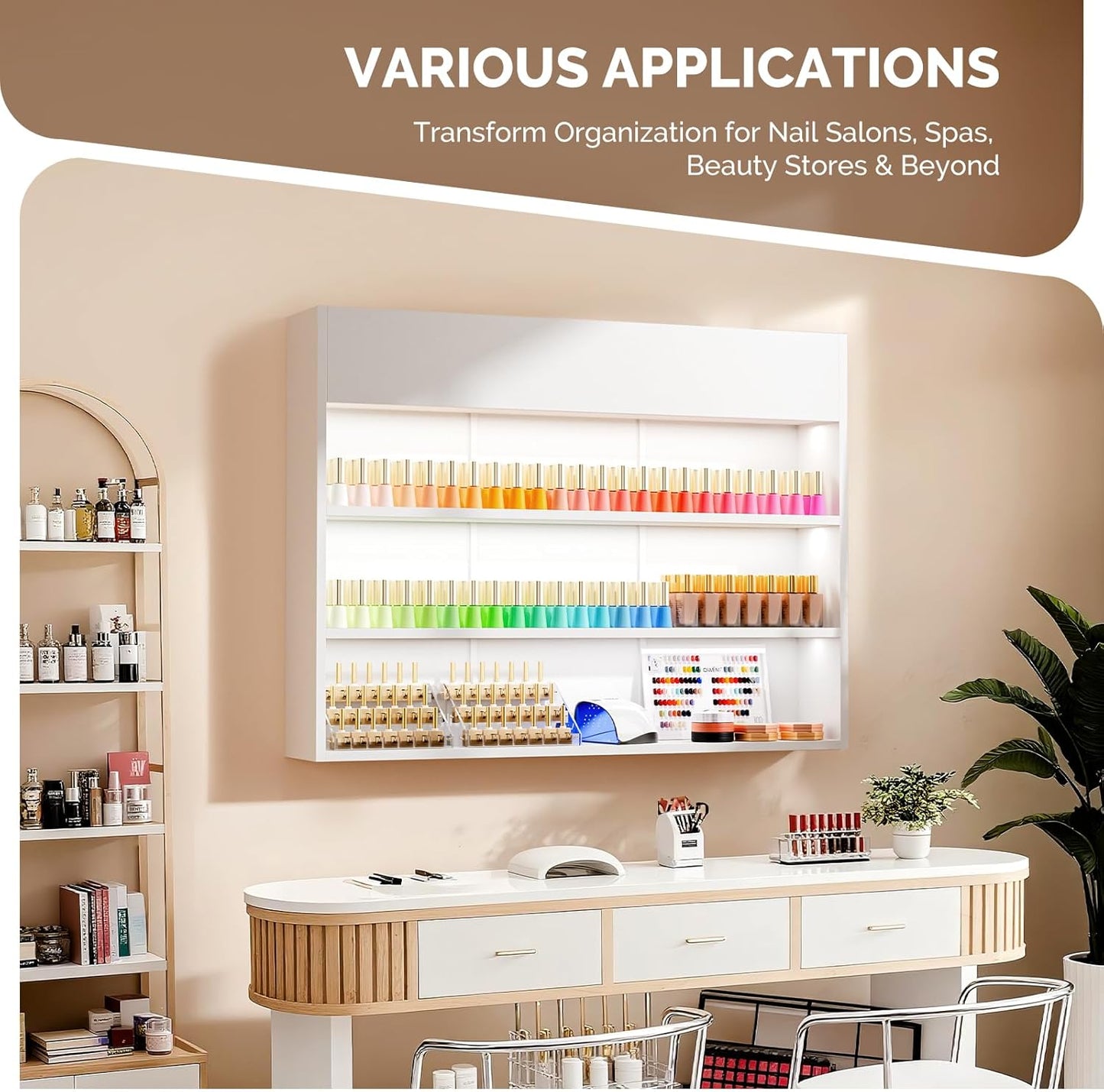 OmySalon Wall Mounted Display Rack, 47.6-Inch 3-Tier LED Nail Polish Organizer Shelf with USB Touch Control, for Nail Salon, Spa, Beauty Studio Storage, Wooden Retail Display (White)