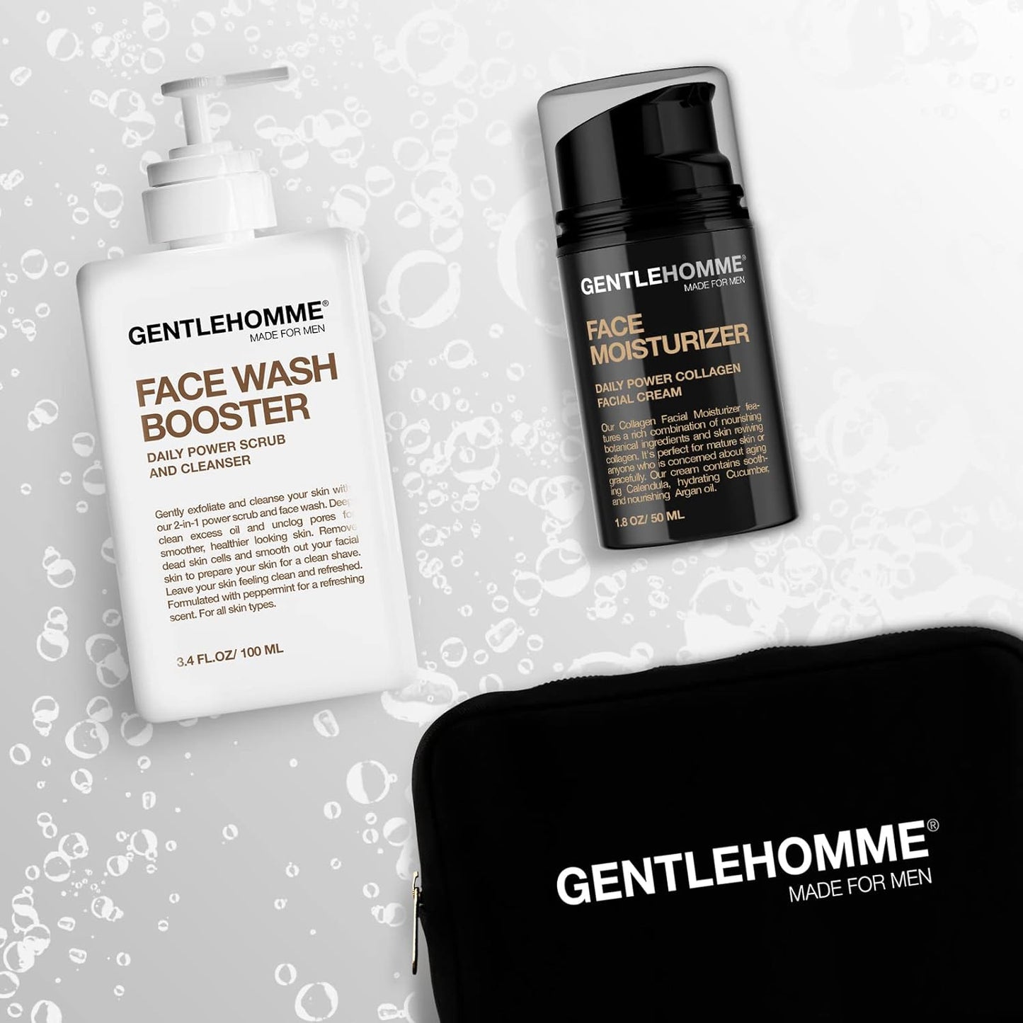 Gentlehomme Facial Kit - Pouch, Facial Cream & Cleanser for Men, Face Essentials for Travel, Men's Travel Skincare Set - Includes Facial Cream (1.8 oz), Exfoliating Face Wash Booster (3.4 oz) & Pouch