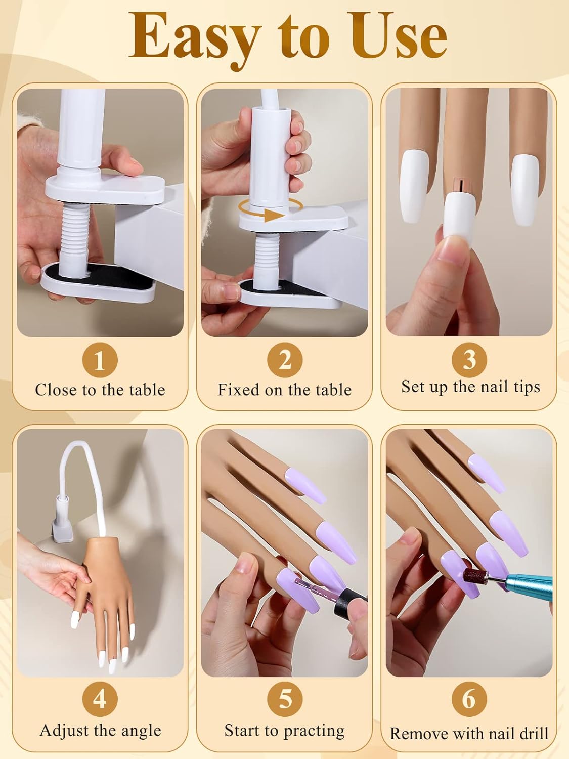 Practice Hand for Acrylic Nails, Nail Tips Never Fall Off Nail Hand Practice,Fingers Never Break Fake Nail Hand for Nail Practice,Flexible Movable Practice Nail Hand for Practicing Nail Supplies