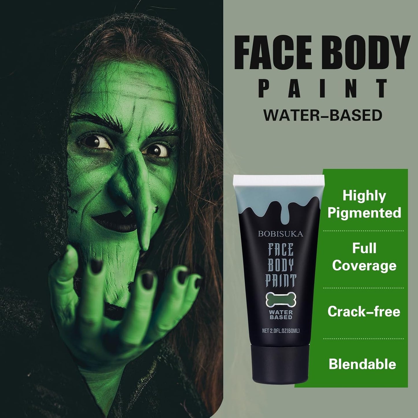 BOBISUKA Green Face Body Paint, Water Based Face Painting for Art Theater Halloween Party Cosplay Clown SFX Makeup for Women Adults, Non-Toxic Washable