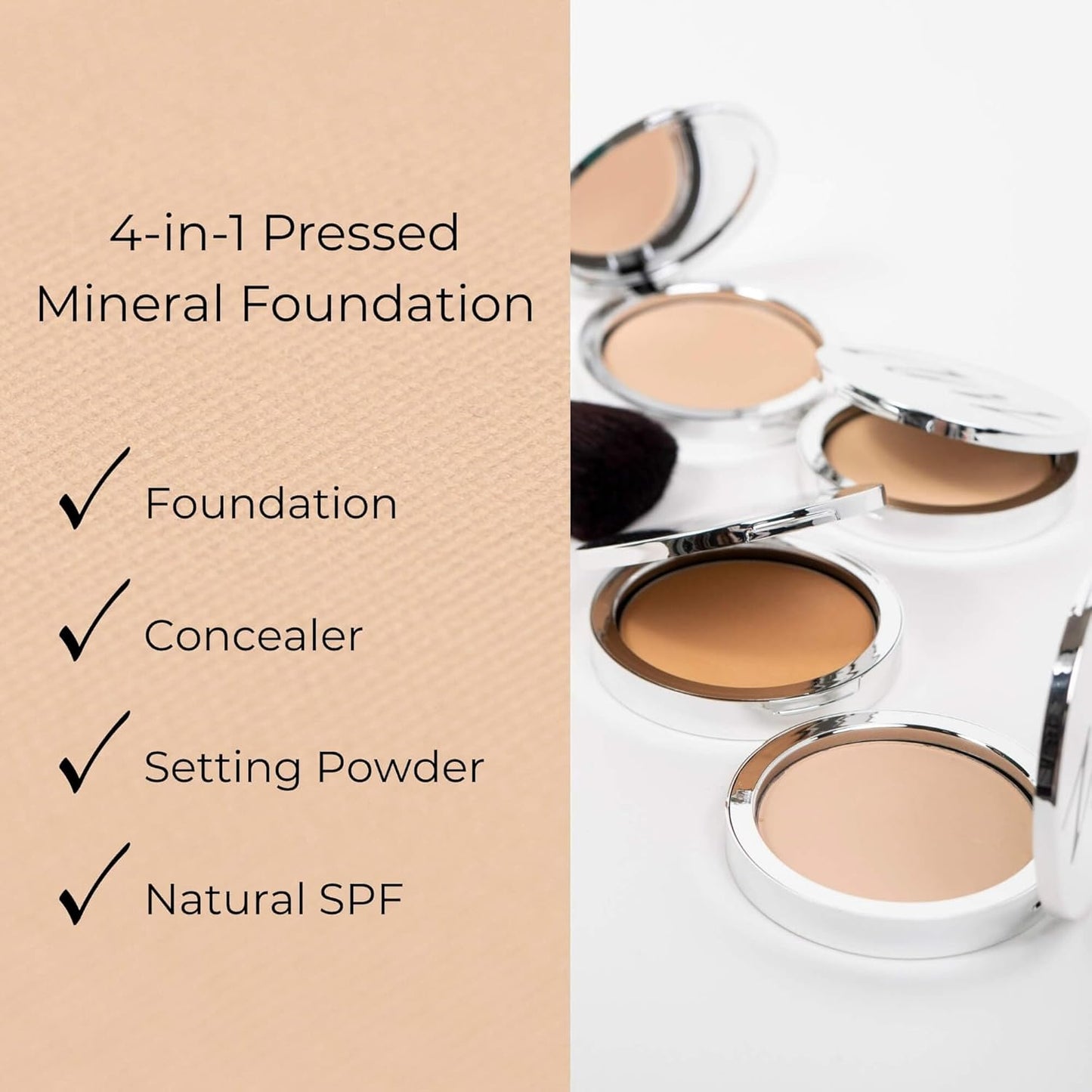 4-in-1 Pressed Foundation Powder with Natural SPF, Concealer & Finishing for Medium to Full Coverage Foundation, Mineral-Based (Halle, .35 oz)