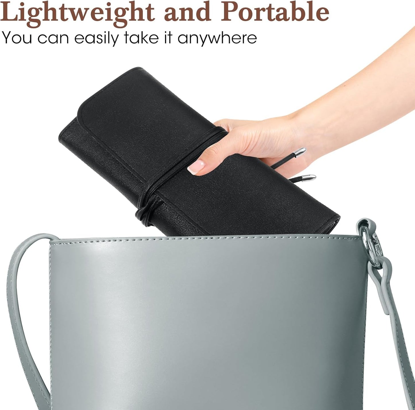 Makeup Brush Case Travel, Makeup Brush Case Roll Up, Brush Holder Organizer Pouch Cosmetic Bag for Travel, Rolling Bag Storage Case PU Leather