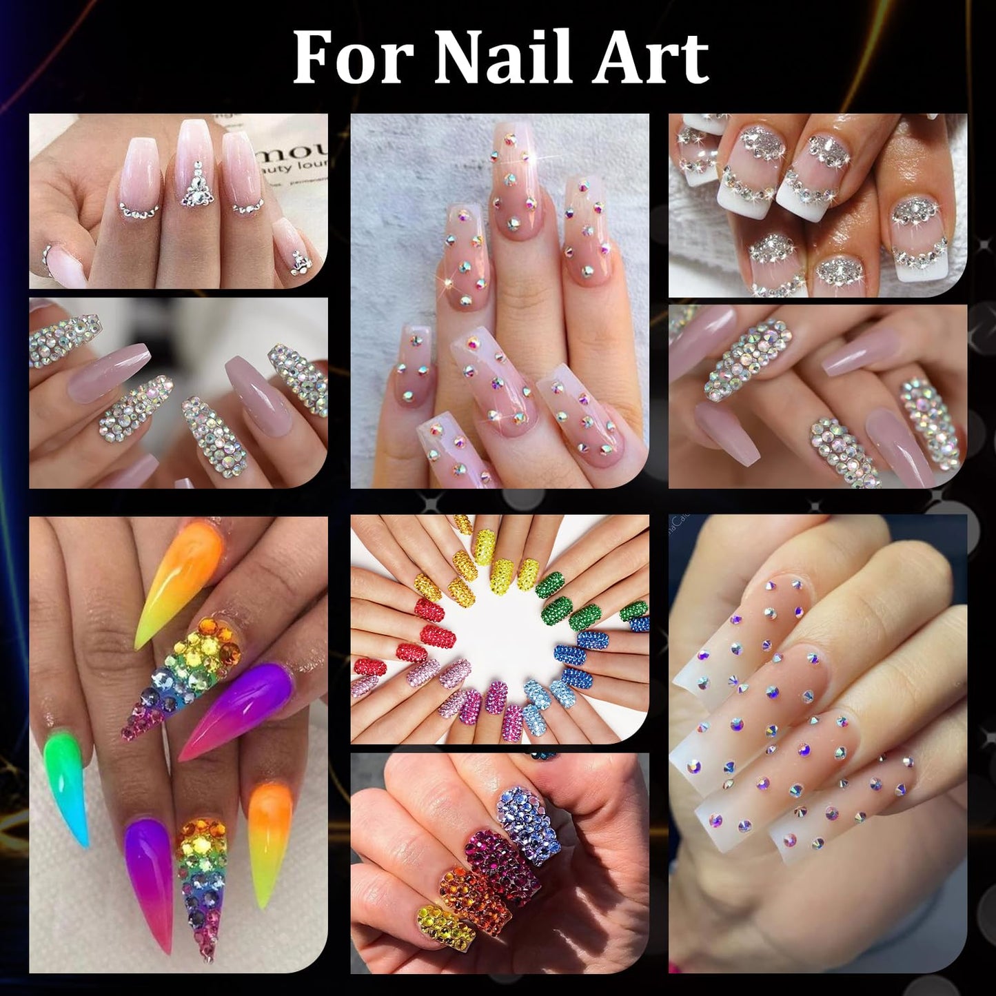 Rhinestones for Nails, Manicure Gem, Multi Size Flat Back Glass Crystal AB + Mixed Color Iridescent Gemstones Round Beads Gems for Professional Salon and DIY Nail Art with Pickup & Dotting Tools