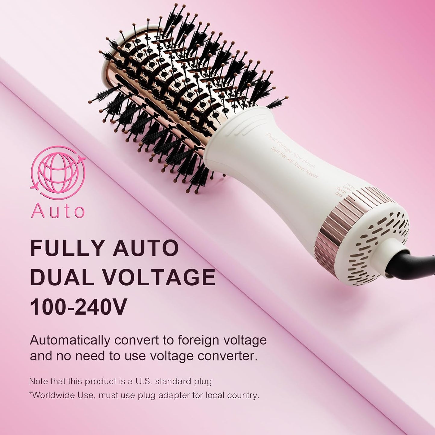 4-in-1 Travel Dual Voltage Hair Dryer Brush Blow Dryer Brush,Portable 2 inch Mini Hot Air Brush,Travel Hair Styler/Volumizer/Straightener/Curler,110-240V European Blow Dry Brush with EU&UK Plug