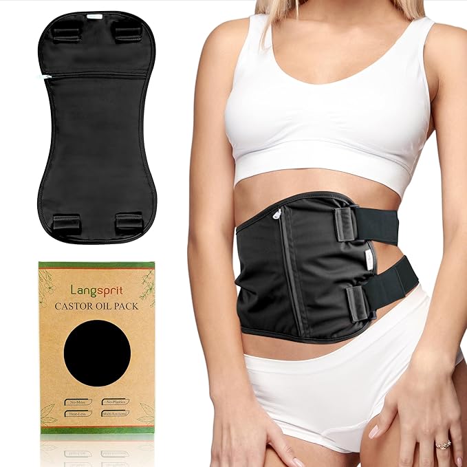 Langsprit Castor Oil Pack Castor Oil Pack Wrap, Organic Castor Oil Packs for Liver Detox, Inflammation, Reusable Castor Oil Pack Compress Castor Oil Packs kit Black L