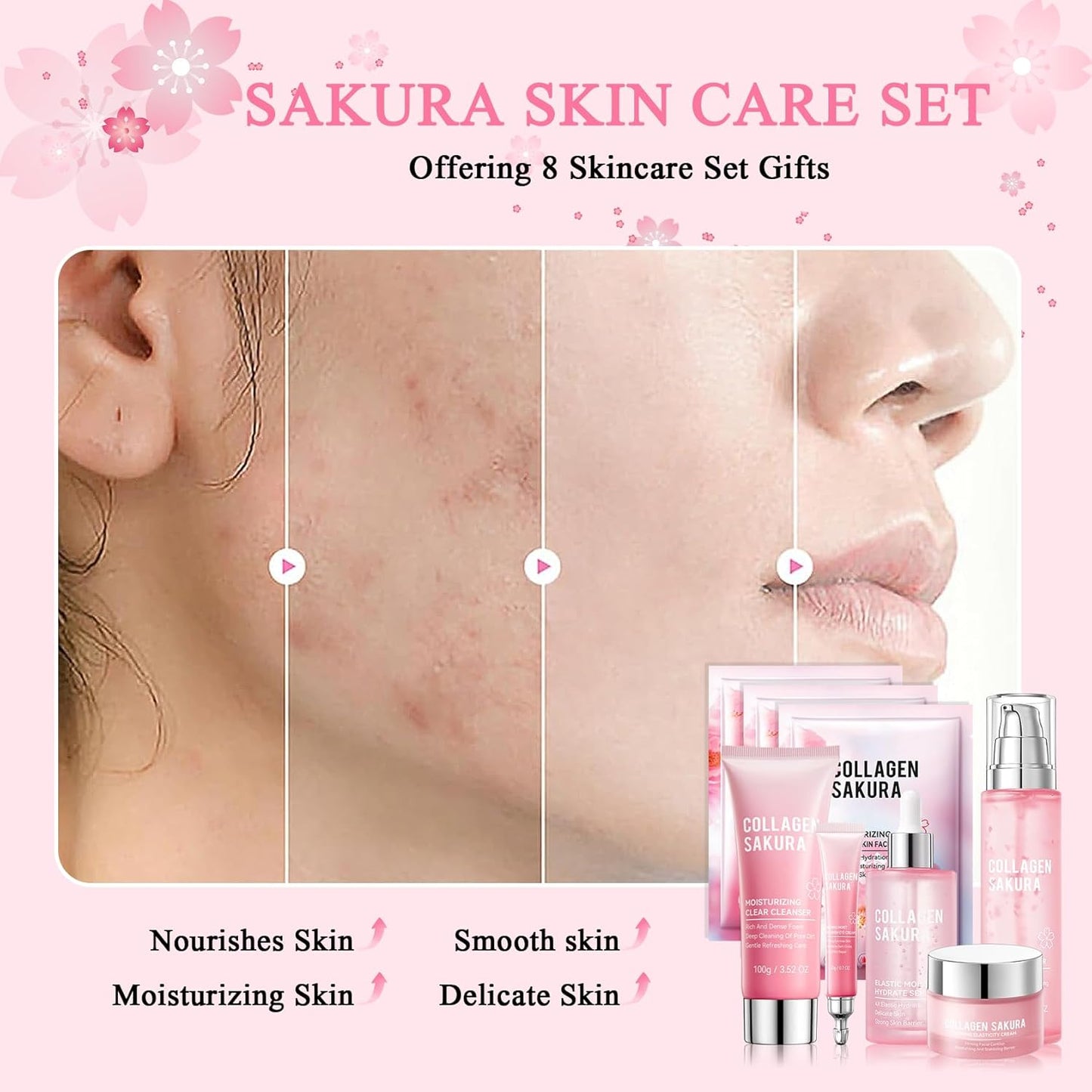 8PCS Skin Care Set, Moisturizing Cherry Blossom Facial Skin Care Kit, Hydrating Skincare Set for Women, Travel Facial Care Kits with Face Masks, Eye Cream, Cleansing Lotion, Serum, Face Cream,Toner