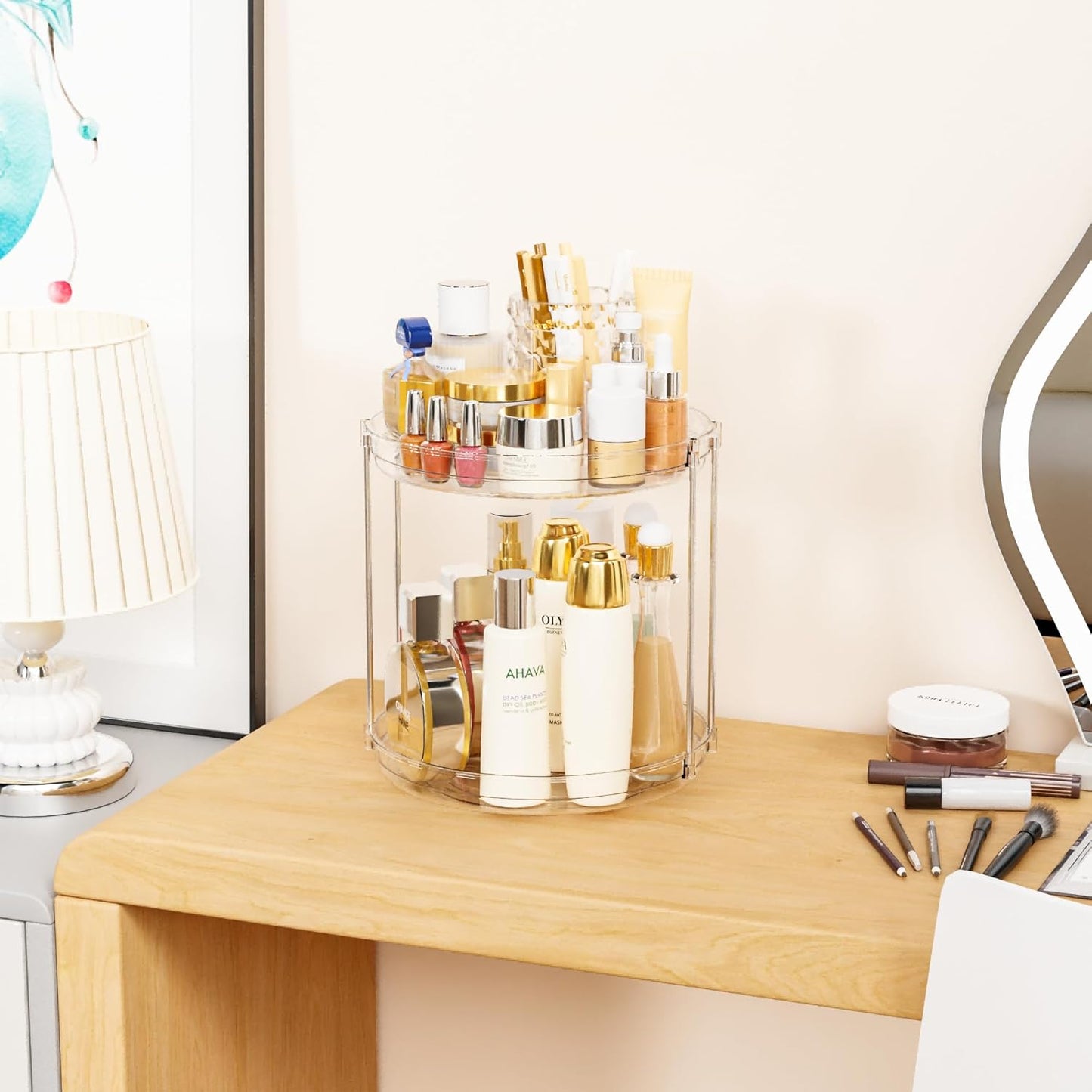 Yieach Spinning Bathroom Organizer,2Tier Bathroom Counter Makeup Lazy Susan Organizer,360 Rotating Vanity Organizers for Lotion,Hair,Beauty Products,Skin care Holder and Skincare Organizers Countertop