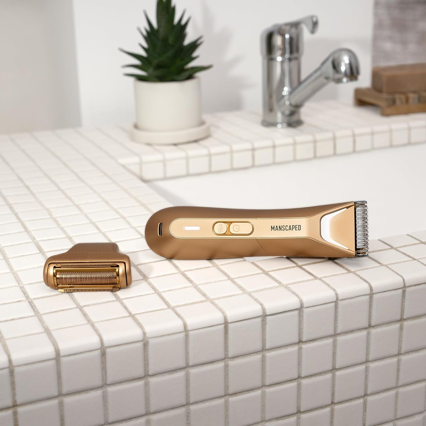 MANSCAPED® The Lawn Mower® 5.0 Ultra Groin & Body Hair Trimmer – Dual-Head SkinSafe® Trimmer & Foil Blades, Waterproof Groomer, USB-C Rechargeable with Travel Case, Men’s Ball Shaver, Forged Gold