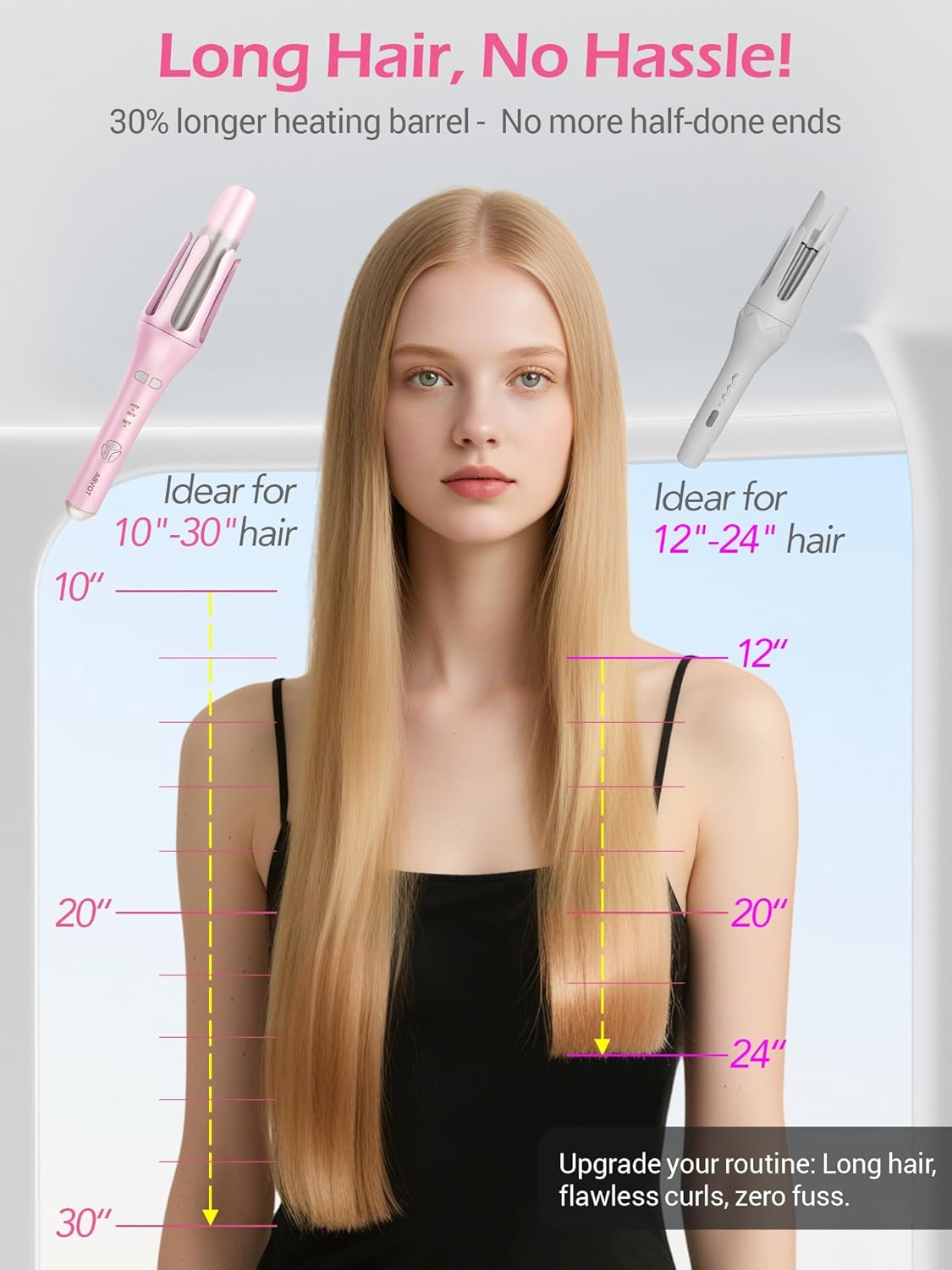 Automatic Rotating Curling Iron, ABVOT HC04 Pro Long Barrel Hair Curlers for Long Hair, Anti-Scald, Anti-Tangle, Ionic Ceramic Travel Dual Voltage 1 1/2 inch Curling Wand for Shiny & Effortless Curls