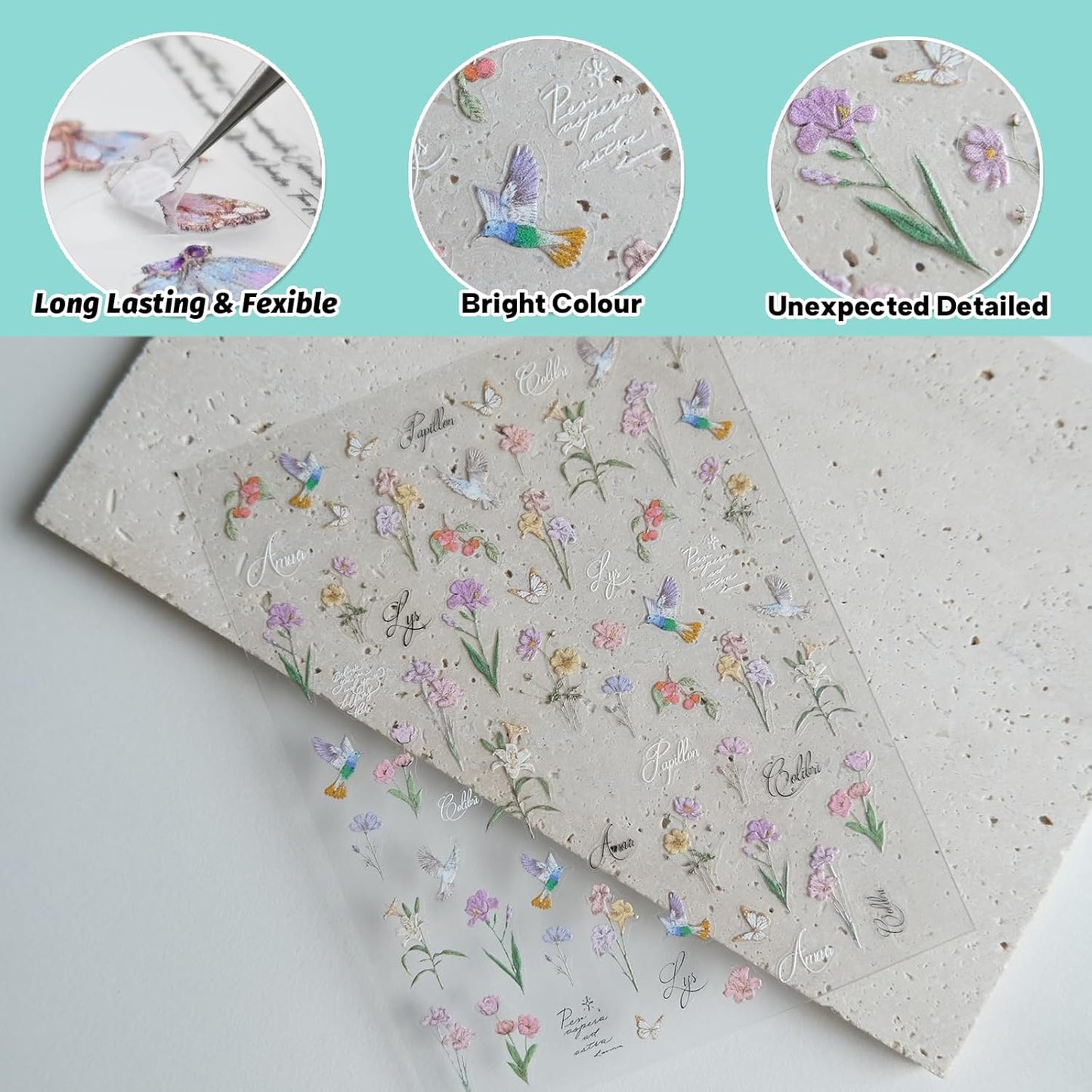 Hummingbird Flower Nail Stickers, Irises Decals, Floral Art Design, Self-Adhesive Accessories for Women, Aesthetic Supplies