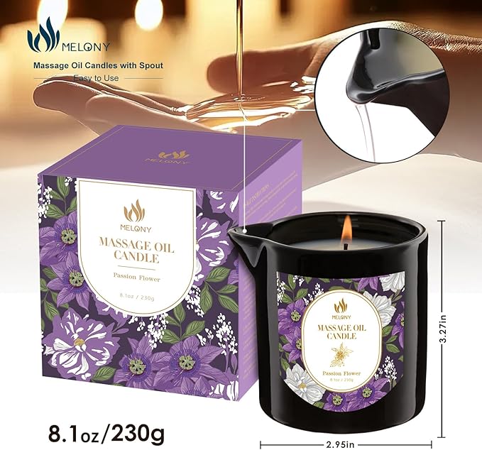 MELONY Massage Oil Candles, Essential Oil Candle Lotion, 8.1OZ/230g, Home Spa with Luxurious Body Oil, Intensive Skin Treatment Candle, Low Temp Body Safe Wax (Passion Flower)