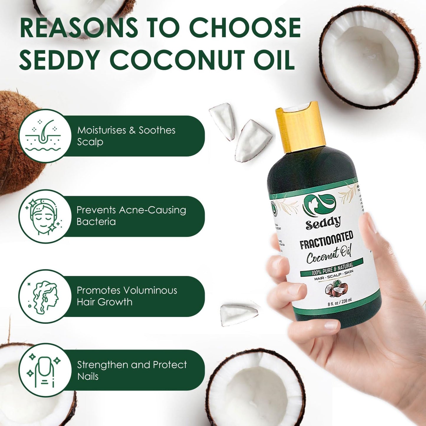 Seddy MCT Fractionated Coconut Oil - Unscented 100% Natural - Hexane Free - Premium Grade Daily Hydration Carrier Oil for Moisturizing Skin, Hair, and Body - 8 Fl. Oz