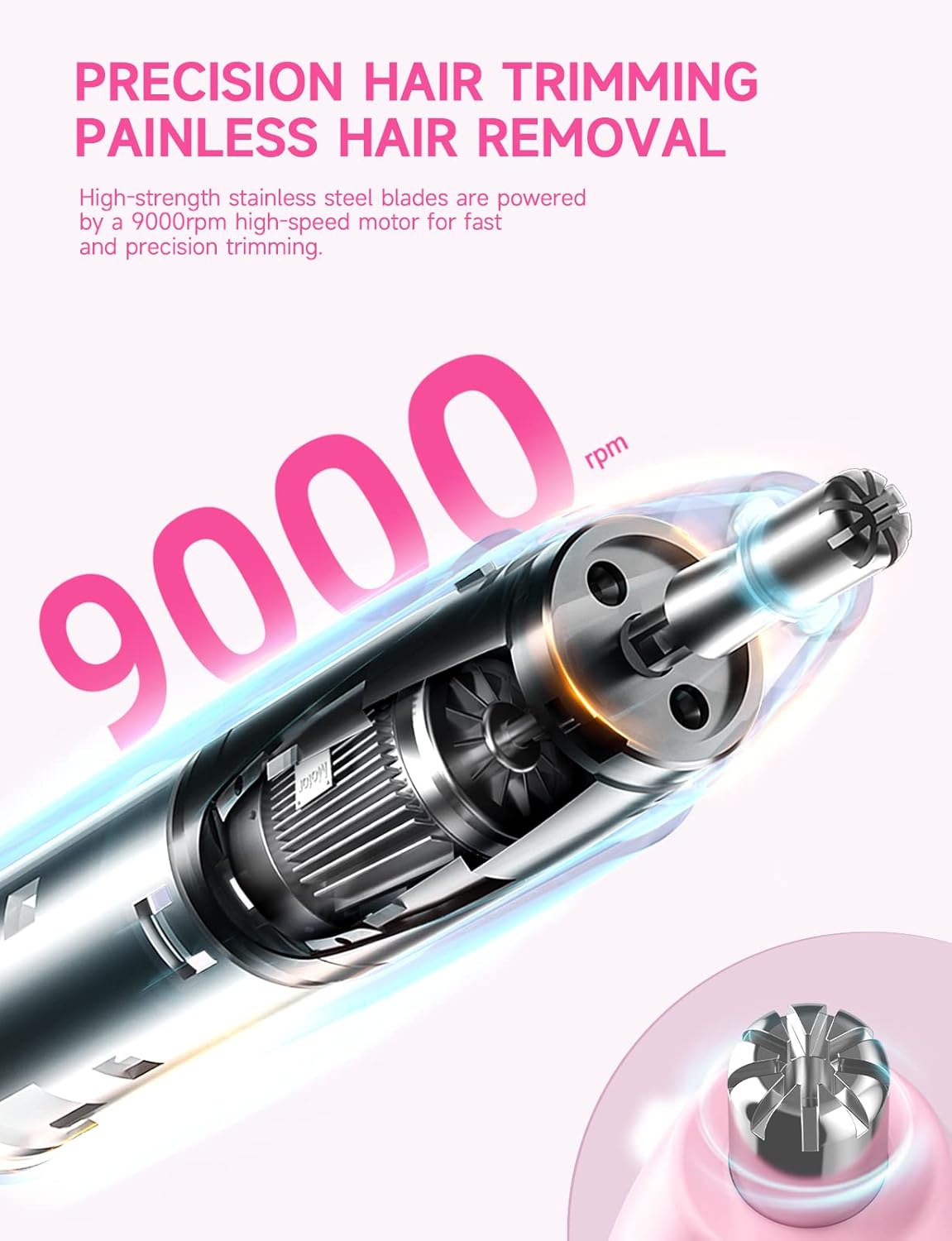 ZORAMI Rechargeable Ear and Nose Hair Trimmer - 2025 Professional Painless Eyebrow & Facial Hair Trimmer for Men Women, Powerful Motor and Dual-Edge Blades for Smoother Cutting Pink