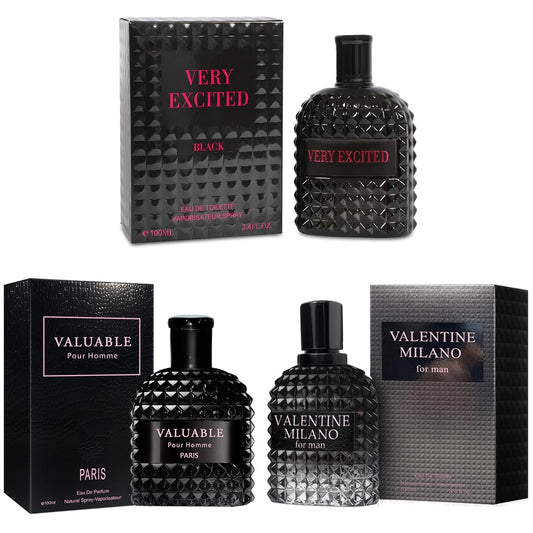 3Pack Men Colognes Combo Set Milano,Very Excited,Valuable Paris 3.4 Fl Oz Each Eau De Parfume Spray with Woody Floral & Fruity Scent Perfume Gift Set Day to Night Use Fragrances