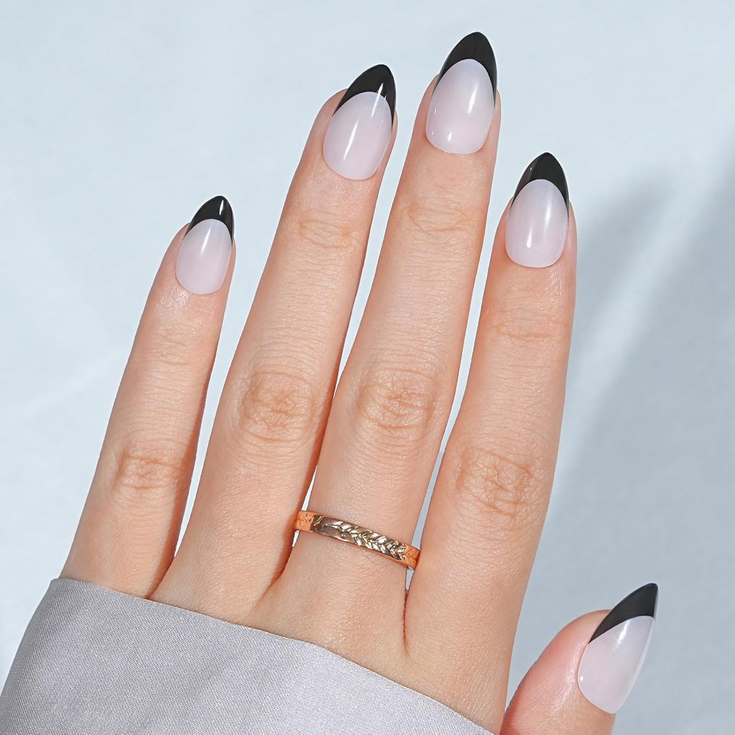 French Tip Press On Nails Almond - Noir French,Black Press On Nails Halloween, Acrylic Short Halloween Nails with Nail Glue, Fit Perfectly & Natural Stick On Nails in 16 Sizes - 32 PCS Soft Gel Kit