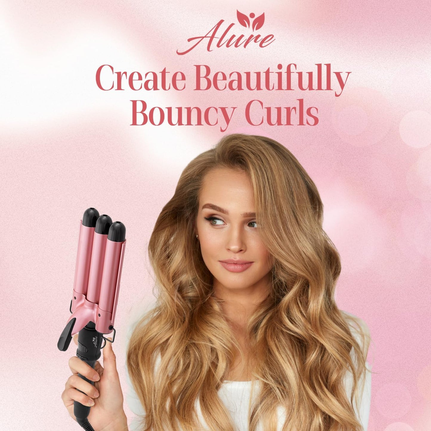 Alure Three Barrel Curling Iron Wand Hair Waver with LCD Temperature Display - 1 Inch Ceramic Tourmaline Triple Barrels, Dual Voltage Crimp (Rose Gold)