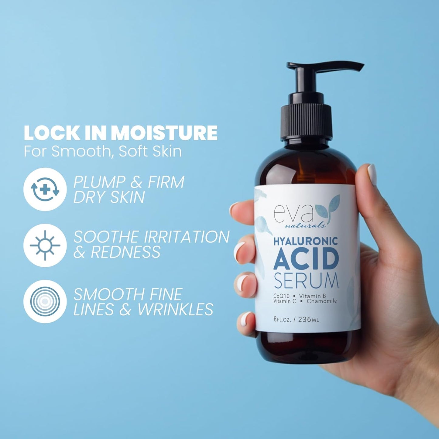 Eva Naturals Anti-Aging Hyaluronic Acid Serum For Face - Professional & Potent Hydrating Anti-Wrinkle Formula For Fine Line & Uneven Skin Tone - Contains Vitamin C, B, & E, Paraben Free (8 Oz)