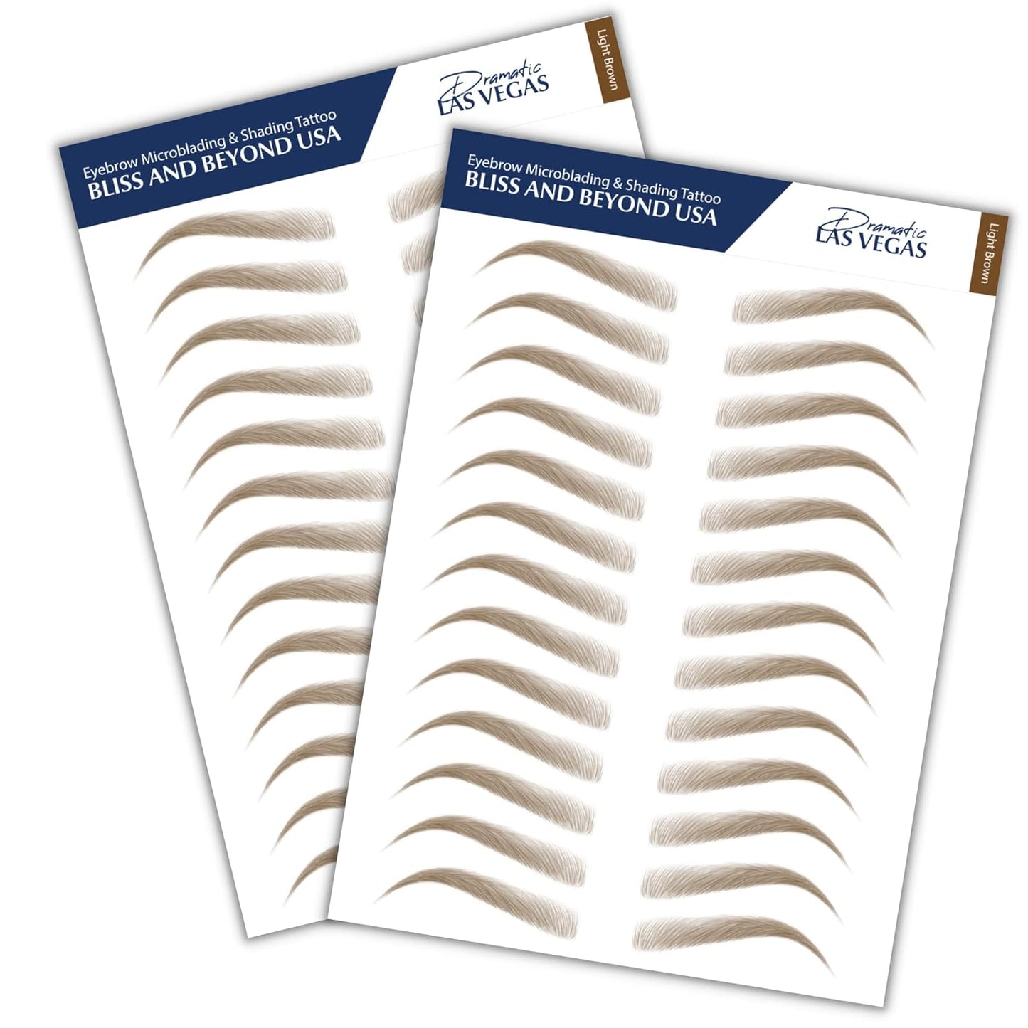 Bliss and Beyond USA, 2 sheets eyebrow tattoo waterproof sticker, Long Lasting, Natural Looking Fake Eyebrow for Alopecia, Chemo, Cancer. Same Size eyebrow tattoos (Dramatic Las Vegas, Light Brown)