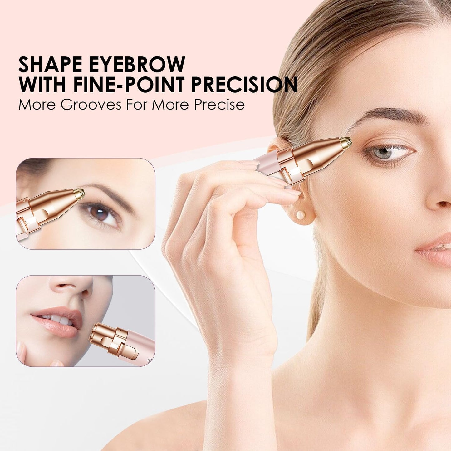 VG VOGCREST Eyebrow Facial Trimmer: 2 in1 Rechargeable Facial Hair Removal and Eyebrow Shaver - Face Lips Body Painless Facial Razor with Built-in LED Light (Pink)