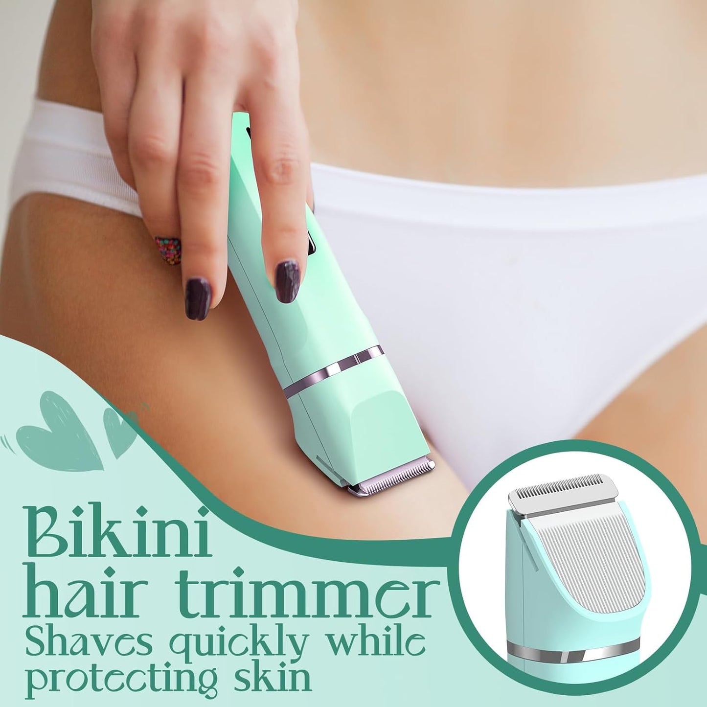 Pubic Hair Trimmer Women for Bikini Area & Body - Electric Razor Shaver with Ceramic Blade, Detachable Head, Waterproof IPX7, Battery Indicator, Fast Charging, Wet/Dry Groomer Set - Green