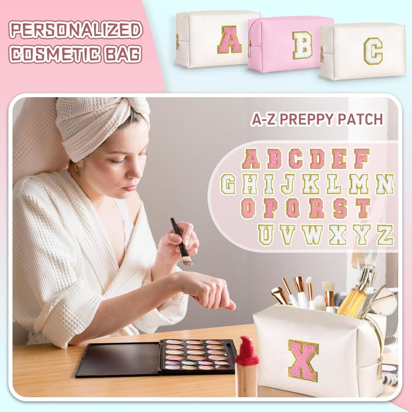 TOPEAST Travel Makeup Bag, Personalized Initial Toiletry Bag w Zipper, Cute Makeup Pouch, PU Leather Waterproof Cosmetic Bag, Birthday Gift for Daughter, Preppy Things for Girls (Pearly White G)