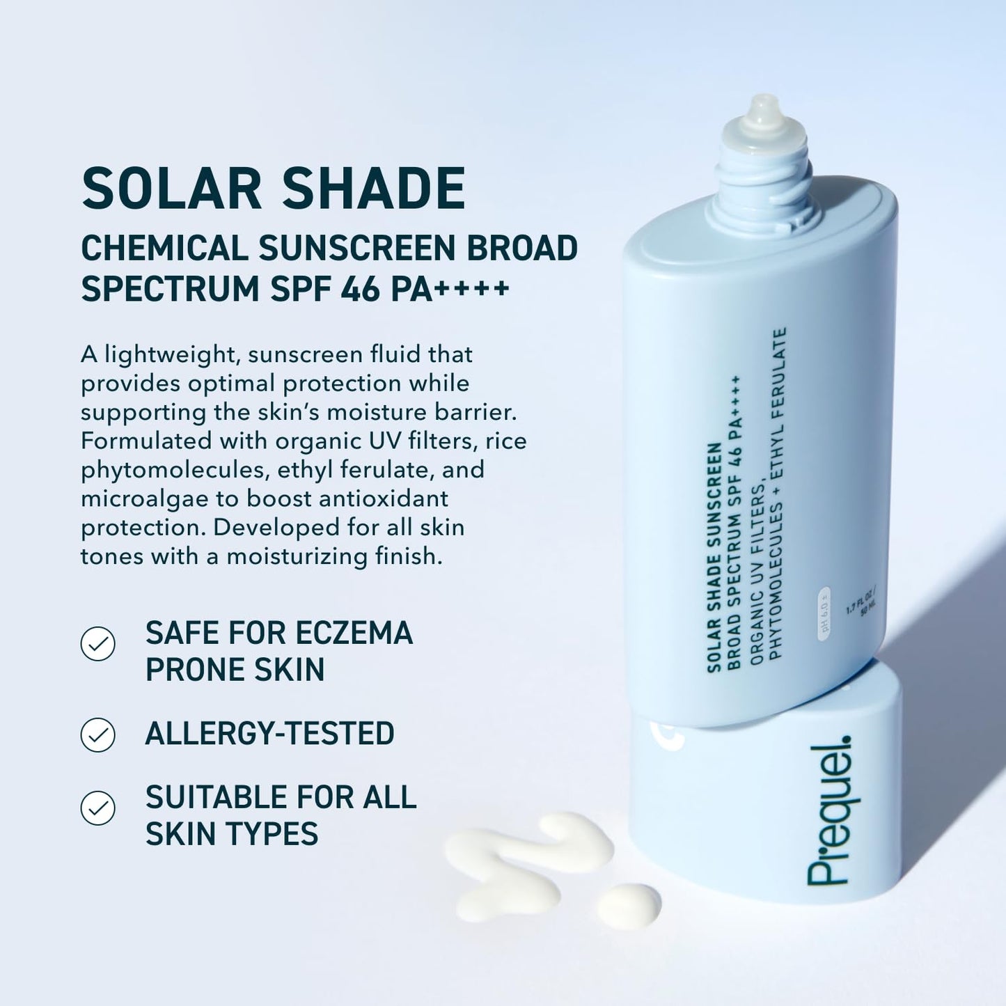 Prequel Skin Solar Shade - Moisturizing Face Sunscreen SPF 46 PA++++ Broad Spectrum UV Protection. Hydrating Sunblock for Dry Skin. Lightweight Travel Size Sun Protection, 1.7oz