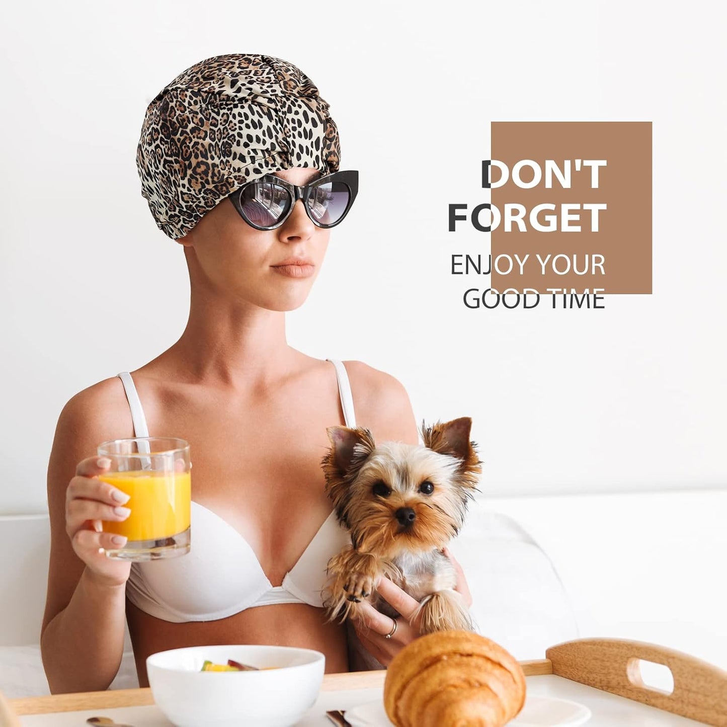 INNELO Luxury Shower Cap for Women Reusable Waterproof, Double Layered Shower Hair Cap with Adjustable Elastic Strap, Large Satin Lined Shower Bath Cap for Long Curly Straight Hair, Leopard