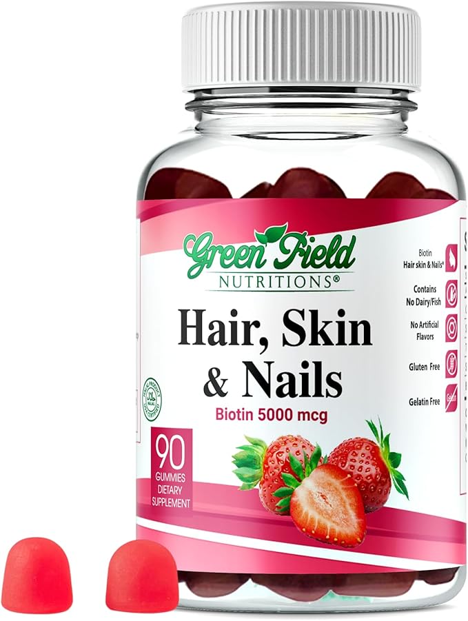 Greenfield Nutritions - Halal Biotin Gummies Vitamin for Hair, Skin and Nails, Supports Fat Metabolism, Hair Growth, Strong Nails & Clear Skin, Gelatin Free, Non-GMO, and Gluten Free - 90 Gummies