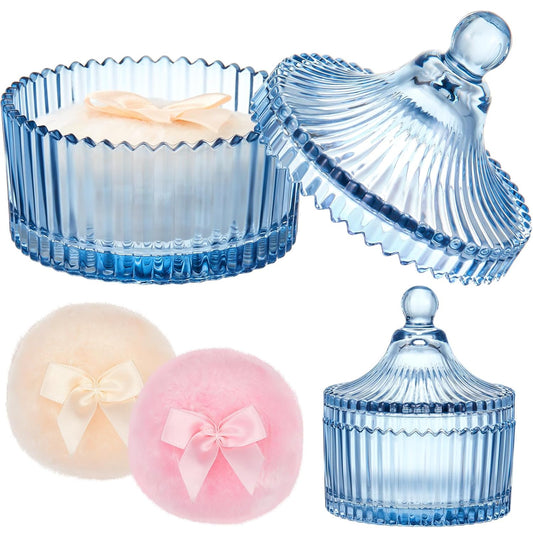 Tioncy 3 Pcs Large Body Powder Puff and Container Crystal Container Soft Washable Reusable Velour Face Body Glitter Powder Puff Wet Dry Makeup Simple Style (Blue)