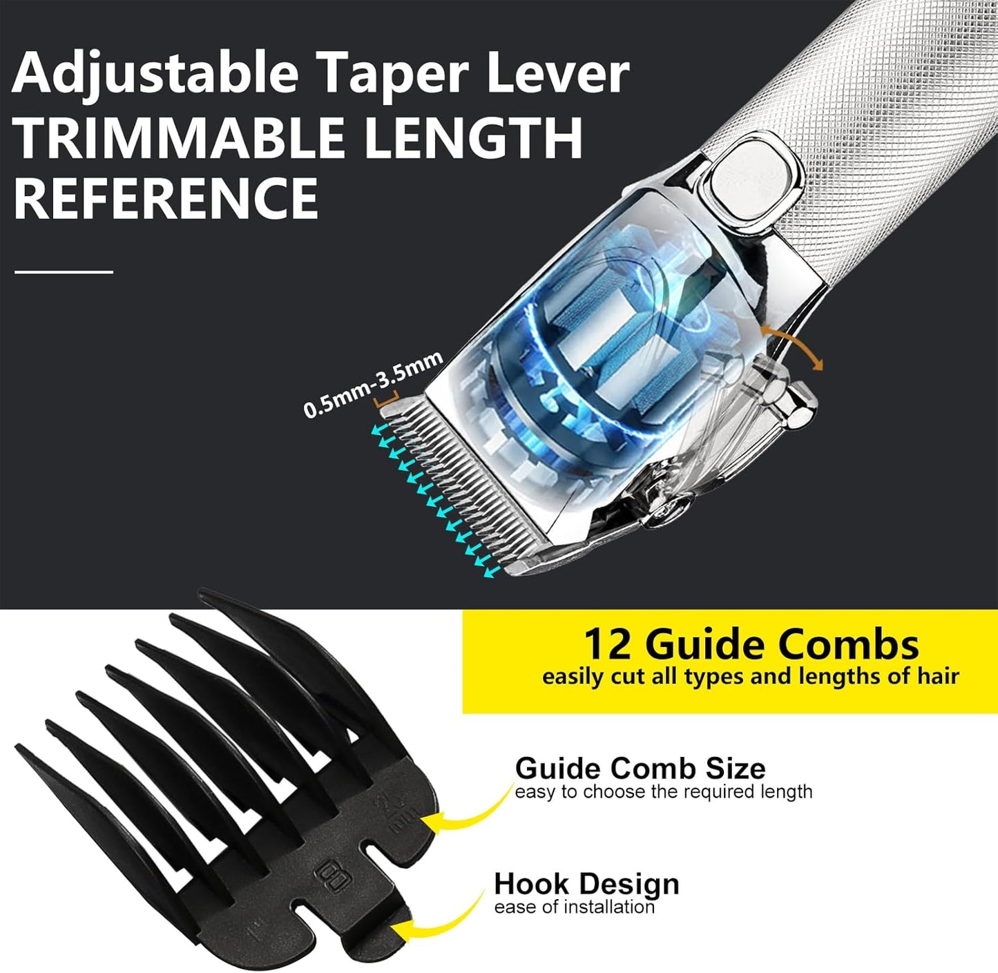 Professional Hair Clippers for Men, Electric Cordless Clippers and Trimmers Set, Nose Hair Beard Trimmer, Hair Cutting Barber Clippers with Guards, T Liners Edgers Clippers for Mens (Silver)