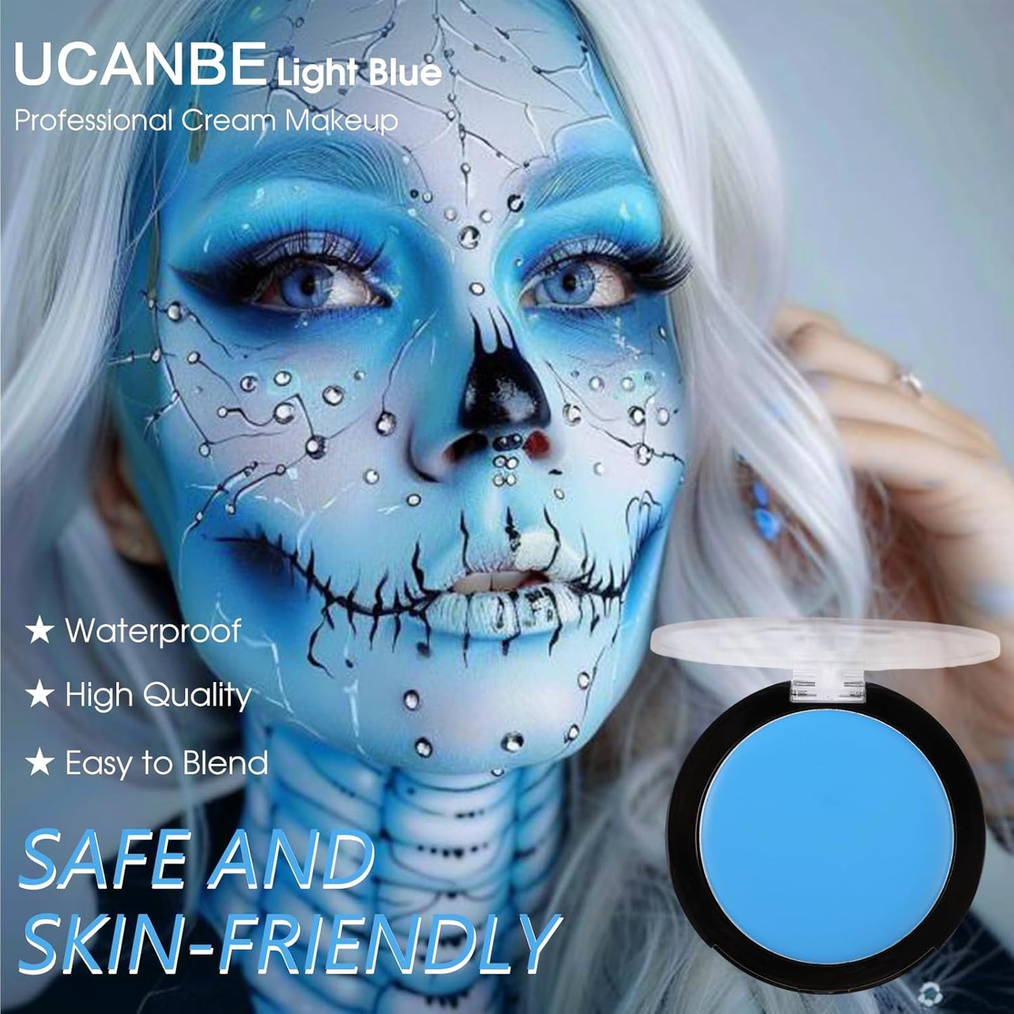UCANBE Light Blue Face Body Paint Makeup Foundation, Cream Greasepaint for Kids & Adult, Non-Toxic FX Face Painting Kit for Halloween Smurf Avatar Corpse Bride Sally Face Makeup, Costume Cosplay Party