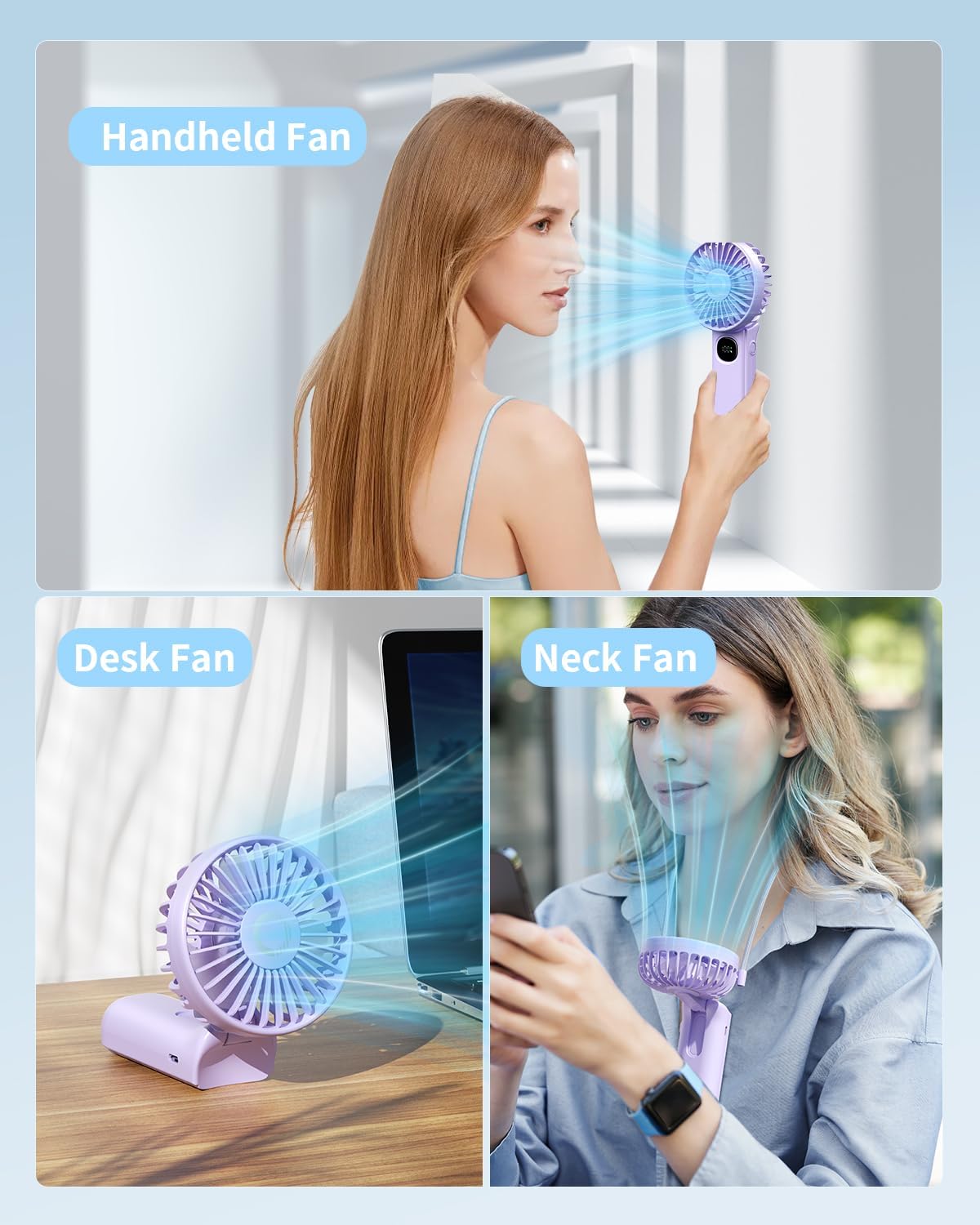 Purple Portable LED Fan, 3000mAh Battery Operated, 3 in 1 Handheld/Neck/Desk Mini Fan for Travel, Beach, Outdoor