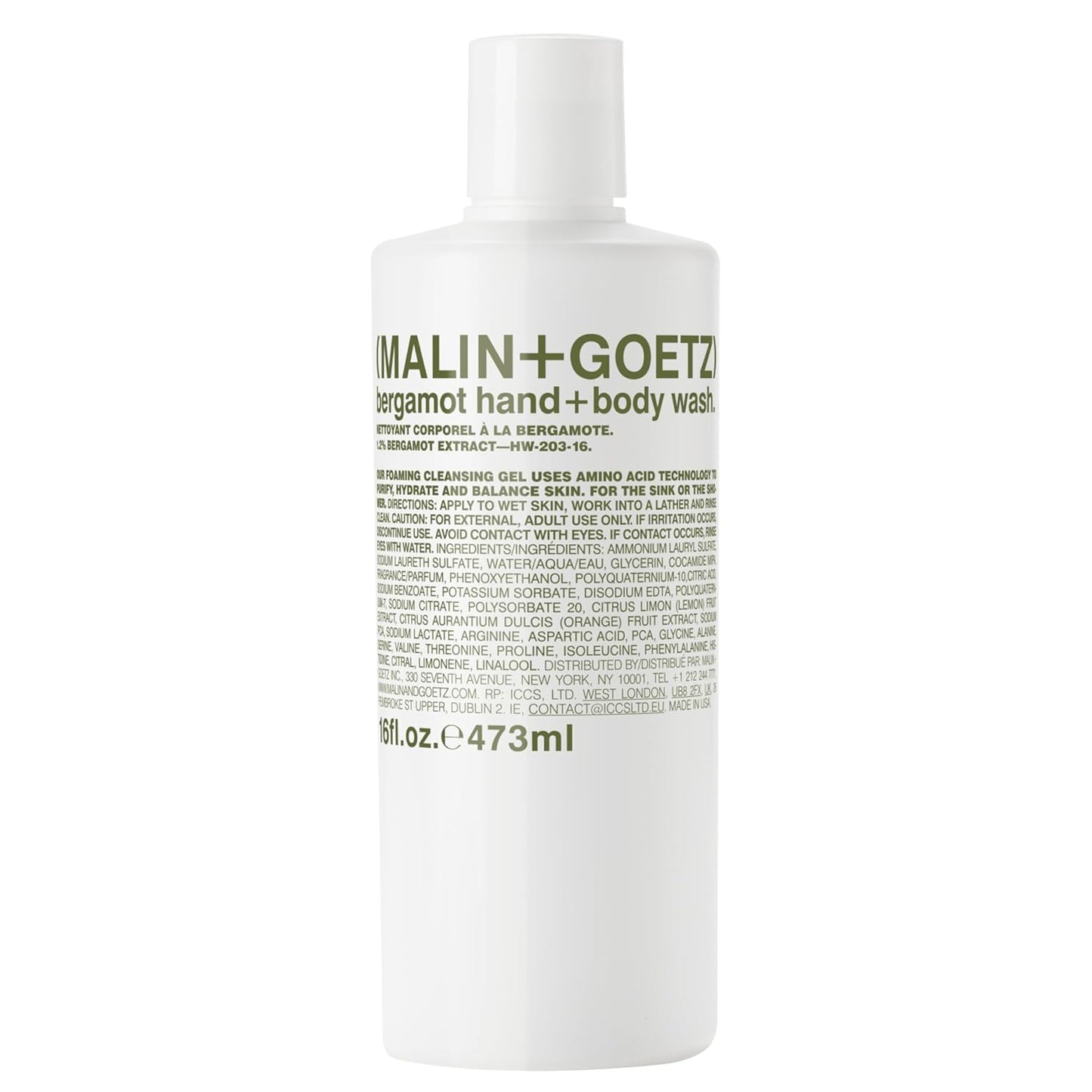 MALIN+GOETZ Hand + Body Wash | Gentle Foaming Cleanser with Botanical Extracts and Amino Acids | Hydrating, pH-Balanced, Unisex Scent | Vegan & Cruelty-Free (Bergamot, 16 Fl Oz)