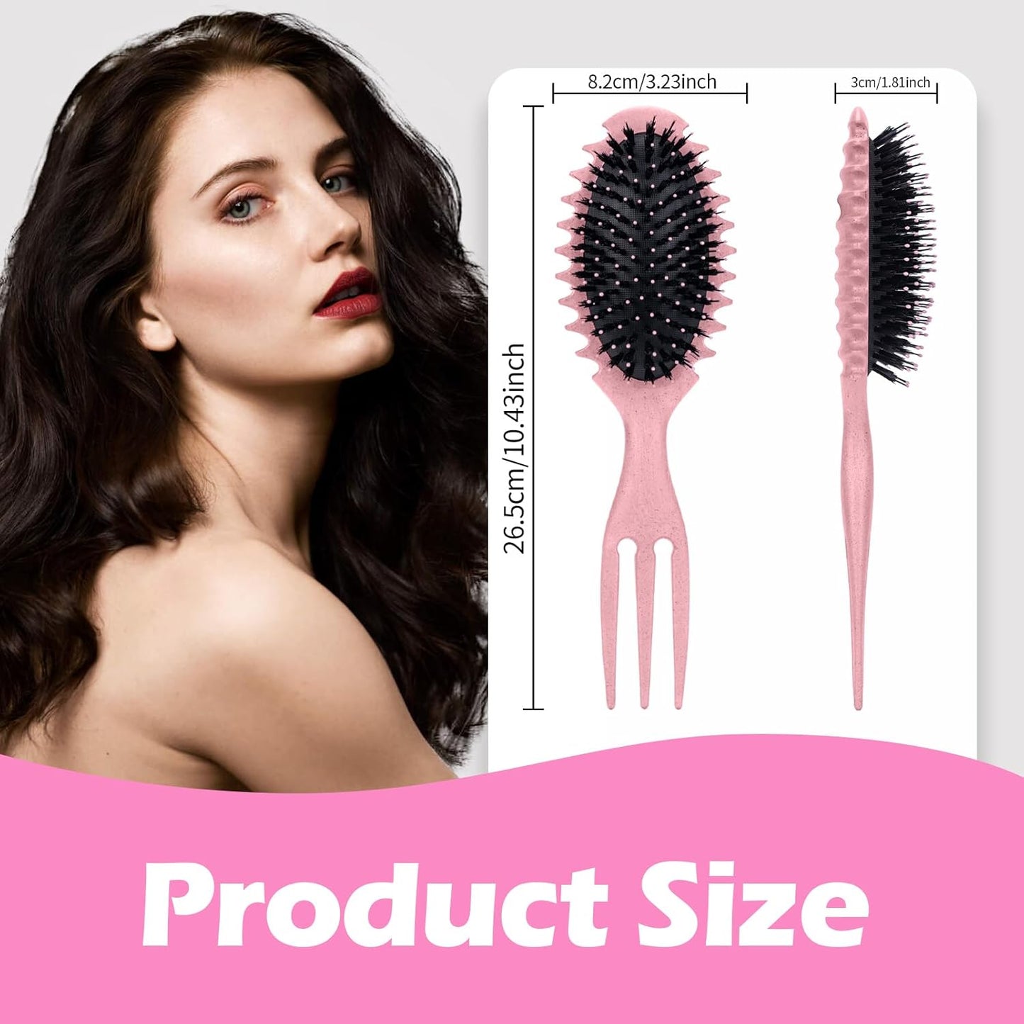 Curly Hair Boar Bristle Curl Defining Brush for Curl Wave Straight Hair, Unique Trident Handle Design Defineing Brush for Wet Dry Hairs, Styling Massage Hairbrush Hairs Pick Comb Edge Comb Pink